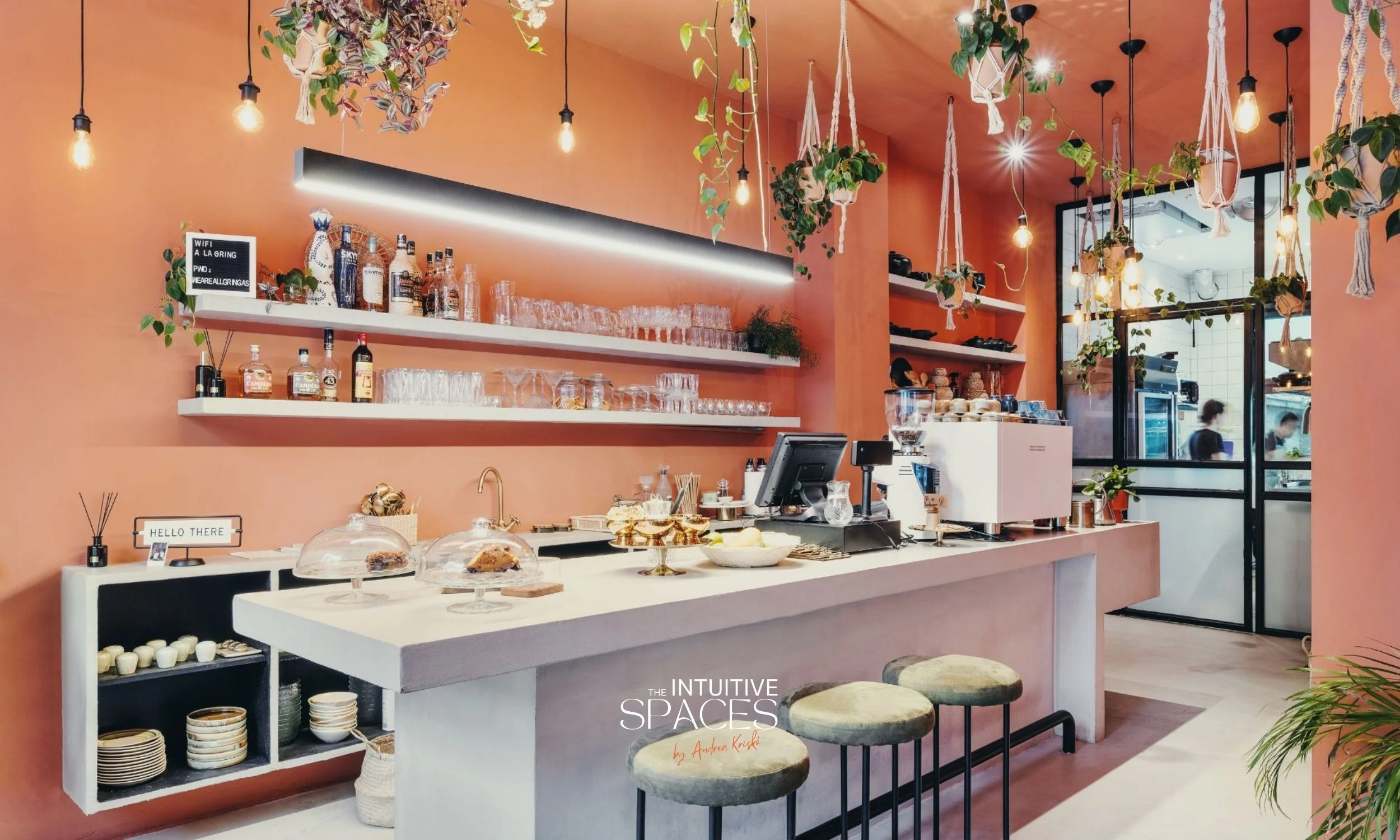 Brazilian restaurant interior in Budapest wall paint with terracotta color floor cover made with microcement