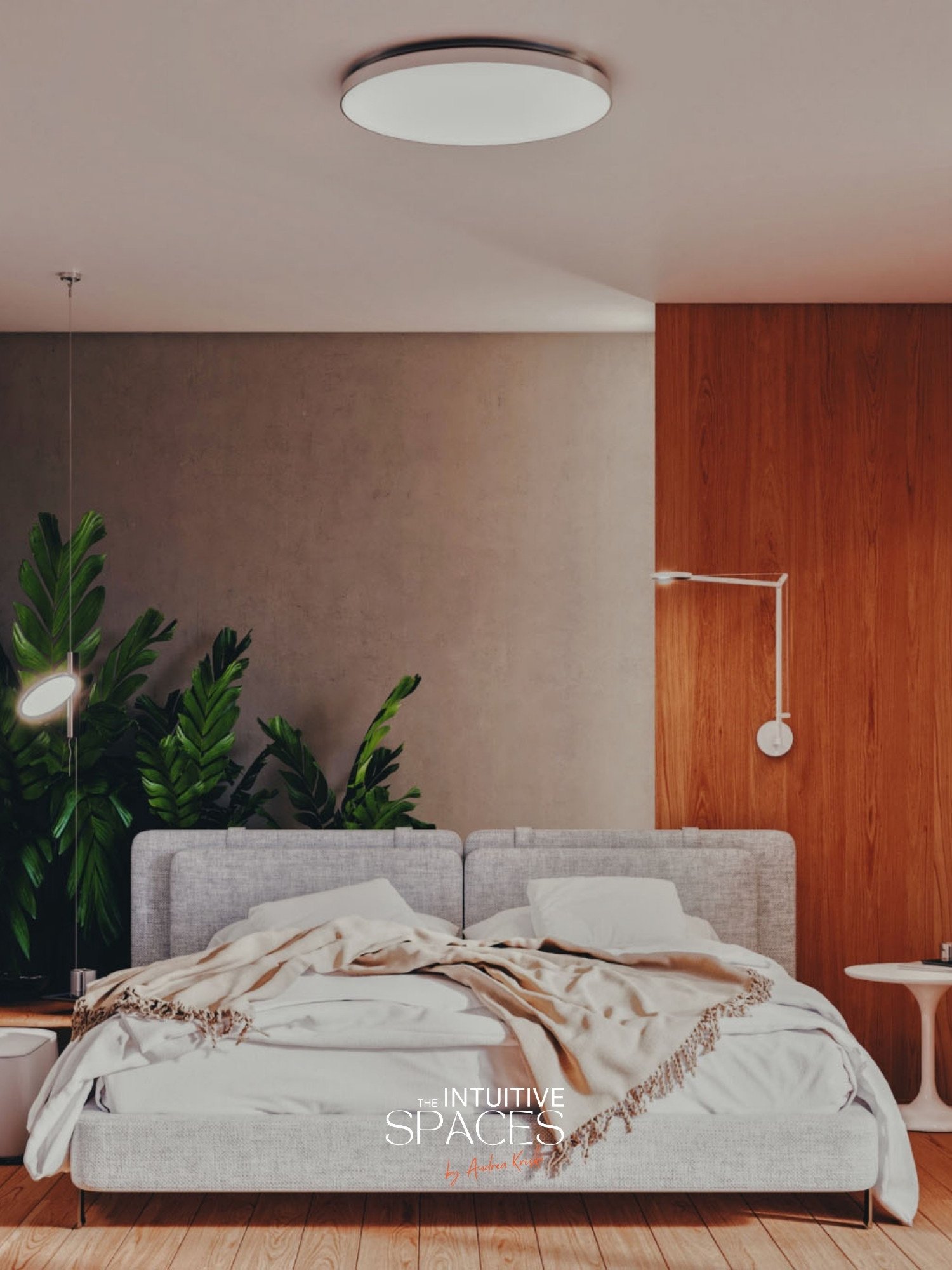 Master bedroom with kingsize bed and biophilic details in Hungary