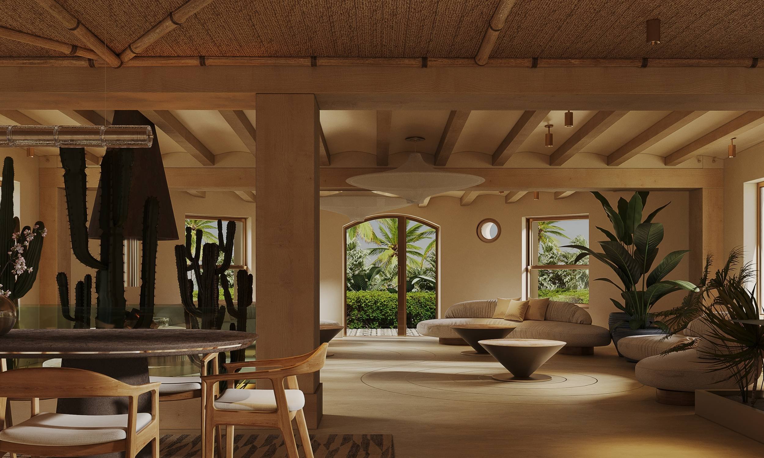Modern living room with large windows, tropical plants, a beige sofa, and wooden ceiling beams.