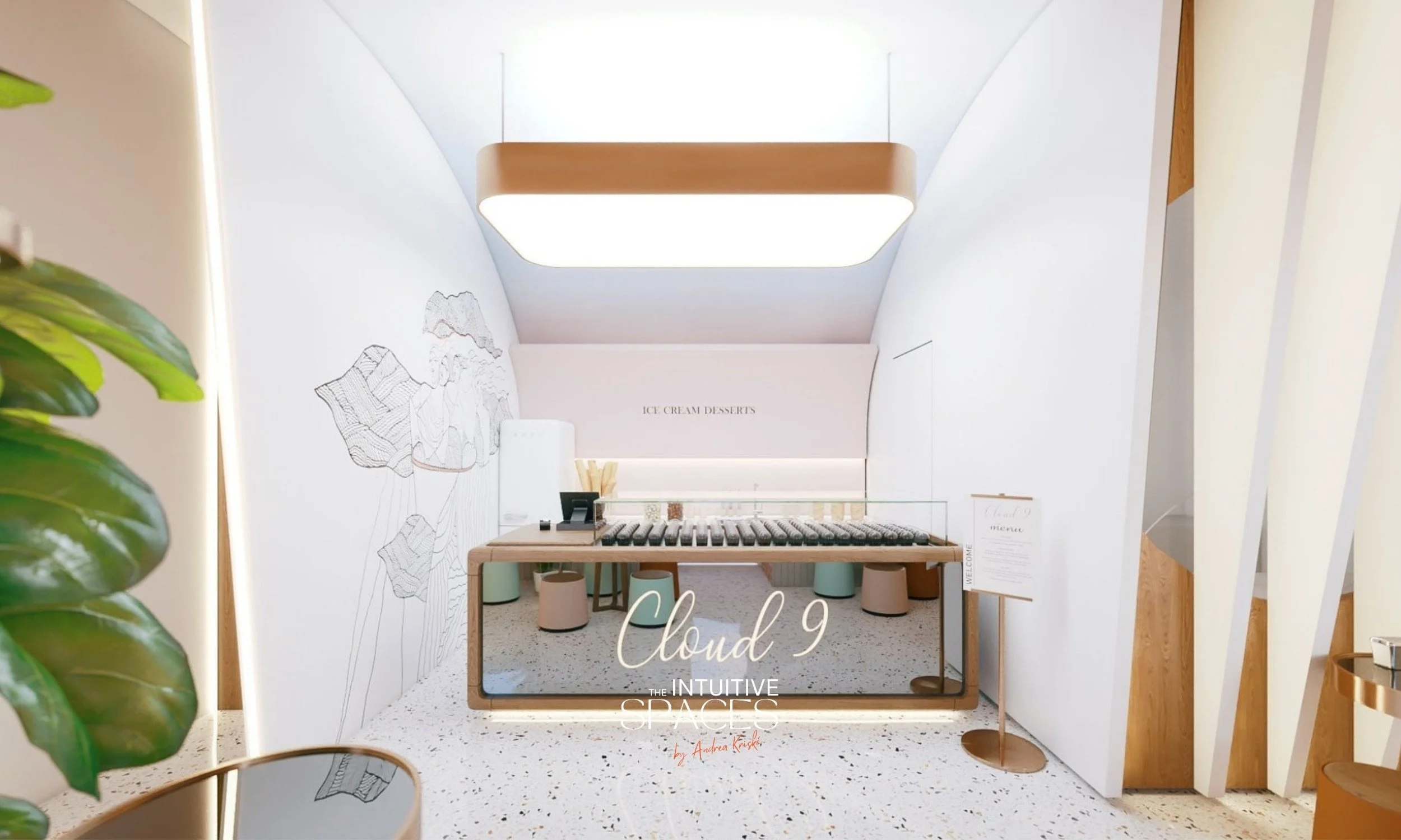 Ice cream bar hospitality design project with custom designed counter for ice creams