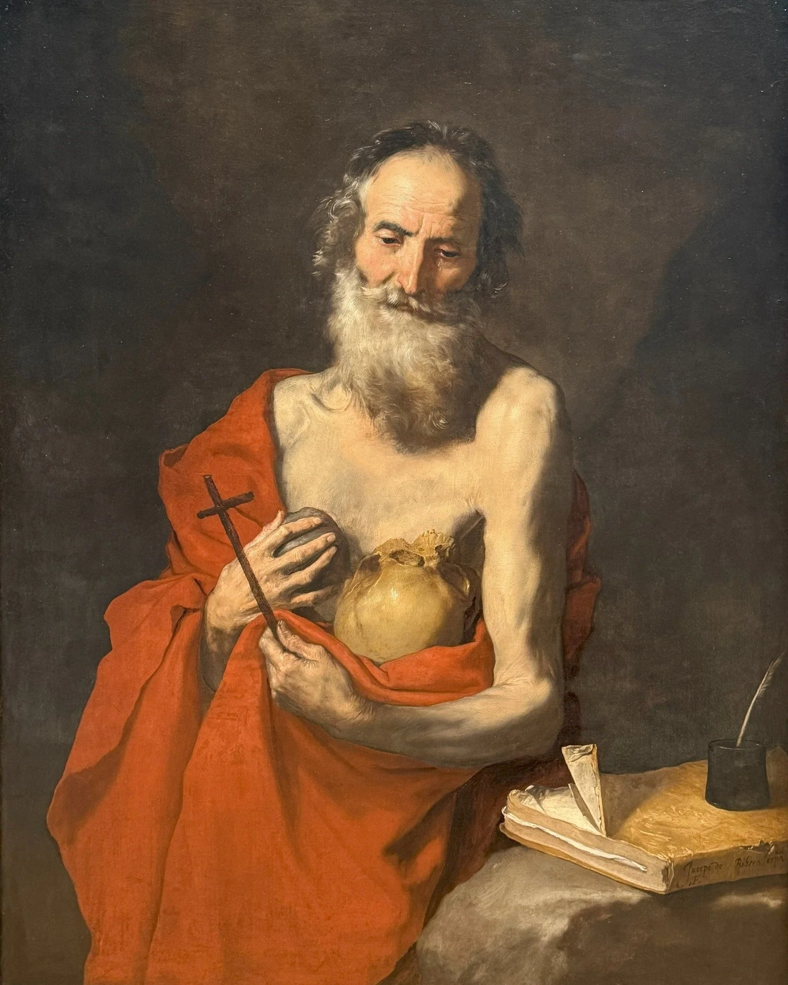 Saint Jerome (c.1638) Jusepe de Ribera.  Ribera appears to use the same model for St. Jerome as he did for the Penitent St. Peter that is found at the @artinstitutechi.  Ribera painted many, many pictures of St. Jerome through his career.  In this pa