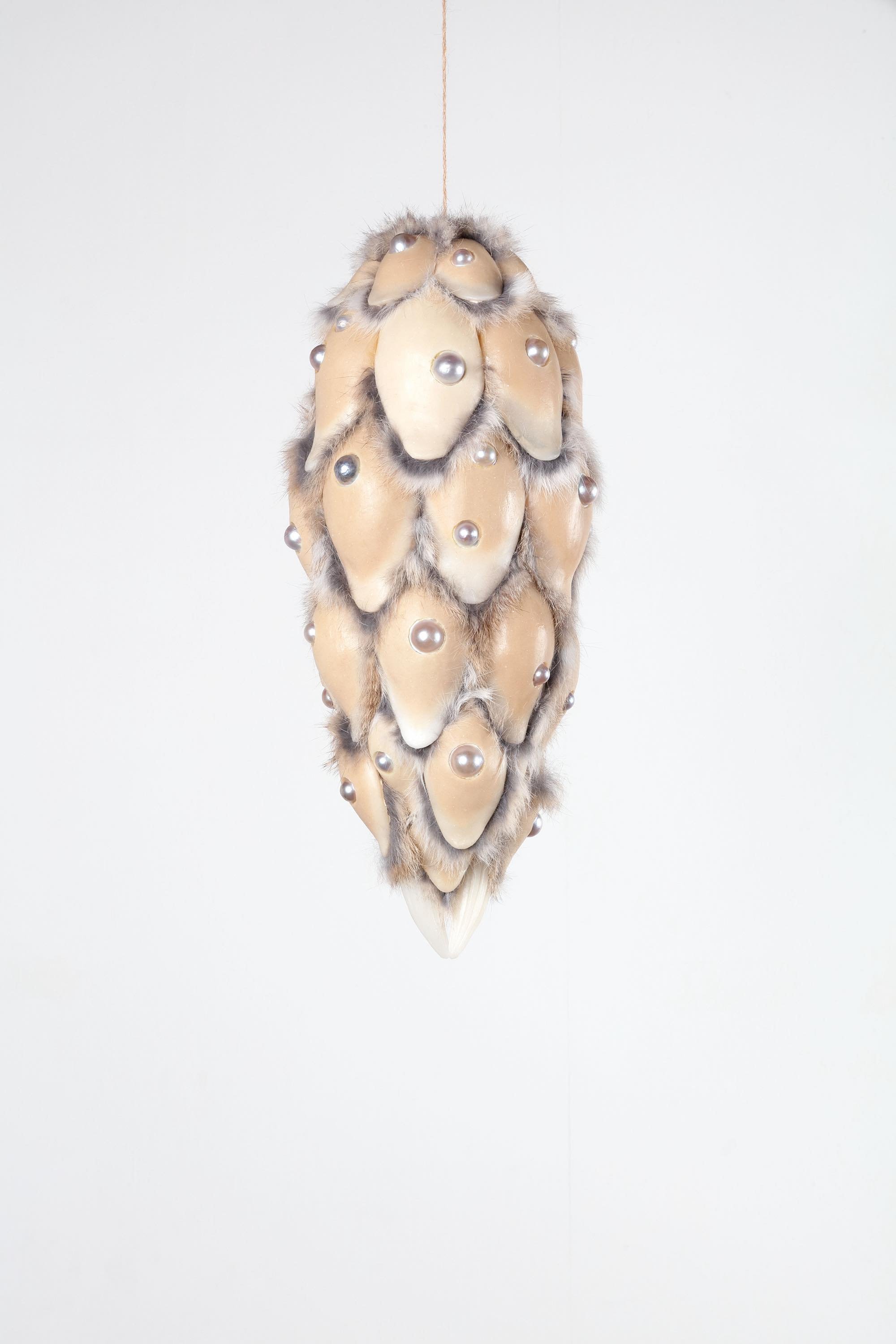 Prayer (pinaceae), 2024, h.45 x w.19 x d.19 cm, Silicone, licorice, pigment, rabbit fur, half-round pearl