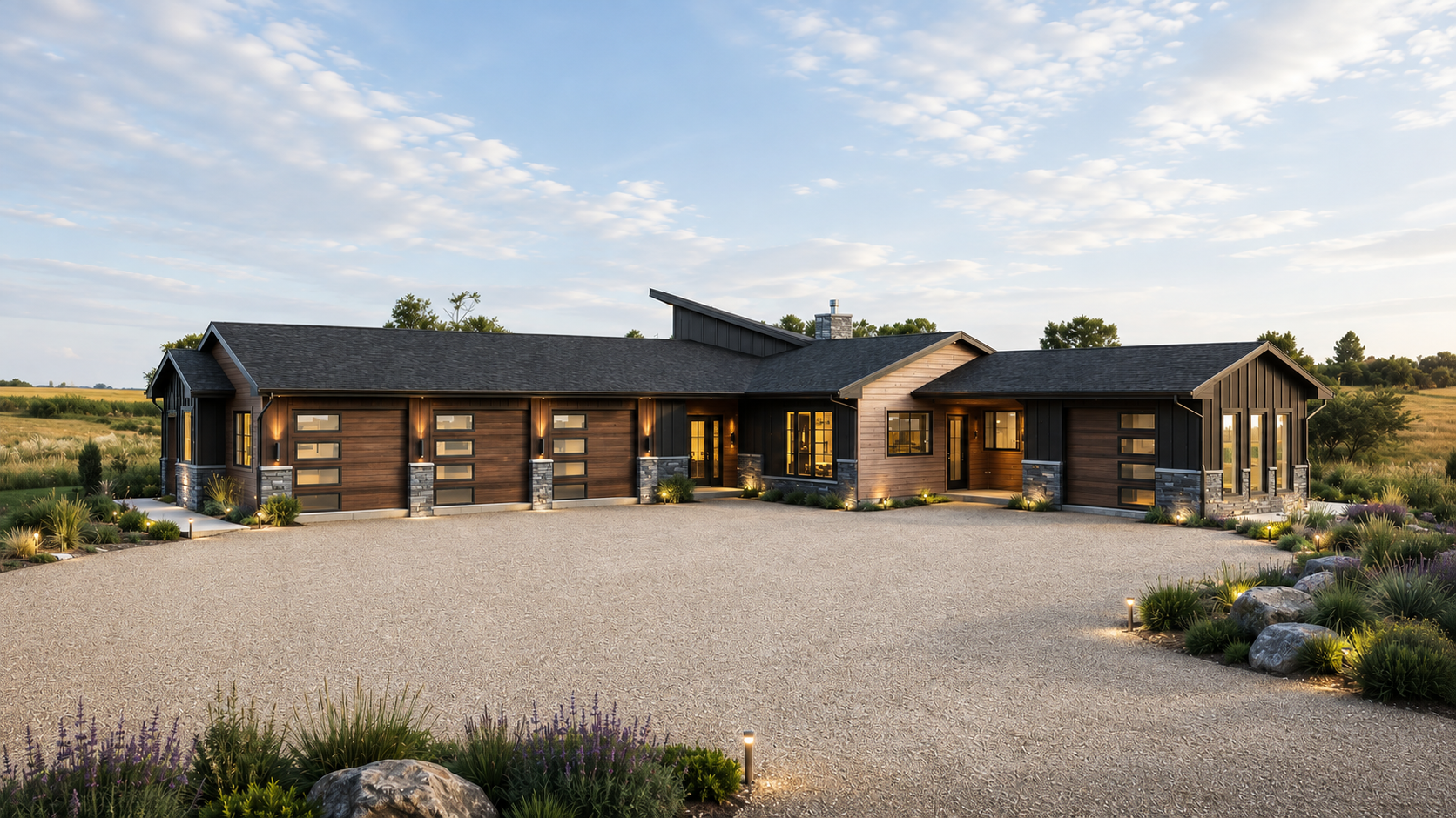 An aerial view of a modern, sprawling ranch house with a dark shingle roof, brown exterior walls, and multiple windows, situated in a rural area with open green fields, trees, and a dirt pathway.