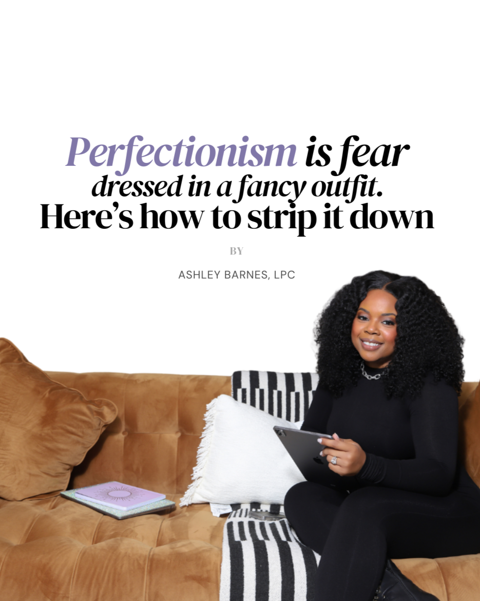 A woman with curly black hair sitting on a tan sofa, holding a tablet, with a notebook and pillows nearby, next to a large title about perfectionism and fear.