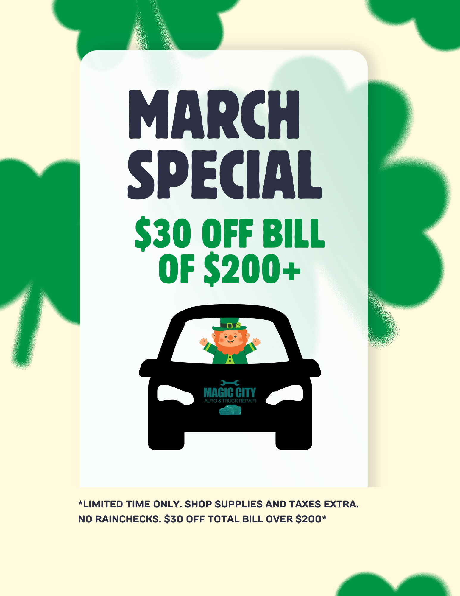 Advertisement featuring March special offering $30 off a bill of $200 or more at Magic City Auto & Truck Repair. Design includes a leprechaun graphic inside a car and a background with green shamrocks. Terms indicate limited-time offer, shop supplies and taxes extra, no rainchecks.