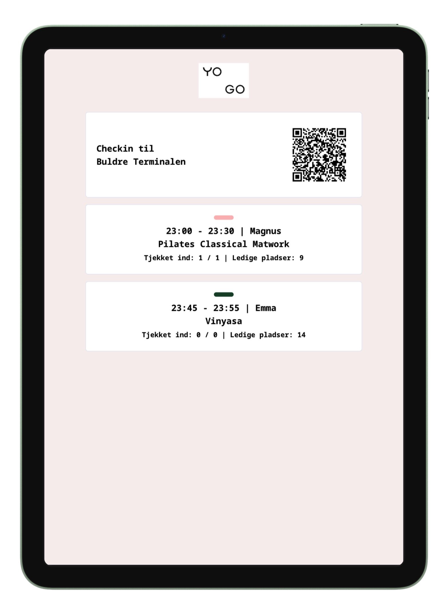 Digital check-in for fitness classes, showing scheduled classes at Buldre Terminals with details and QR code.