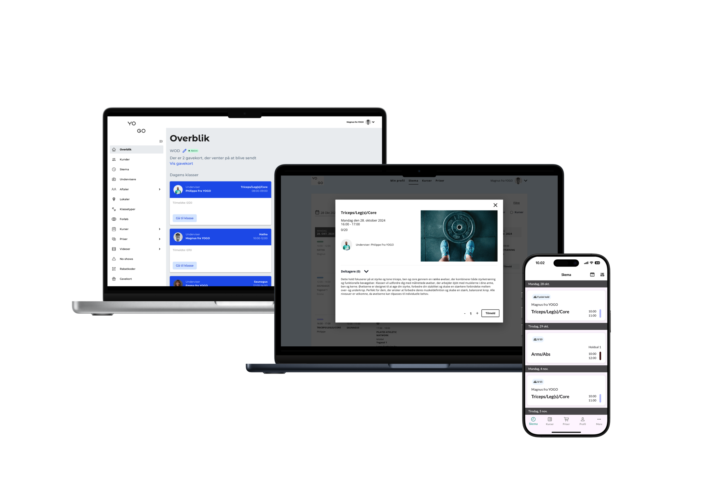 Skærmbilleder af en fitness- og træningsplanlægningsapp på en bærbar computer, tablet og smartphone, med tider, holdnavne og instruktører, i sort baggrund.