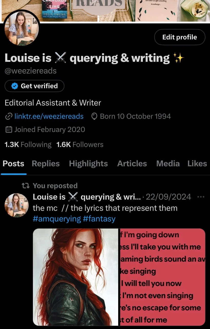 Twitter profile of Louise, an editorial assistant and writer, with a cover photo of a woman with red hair and a tweet about lyrics.