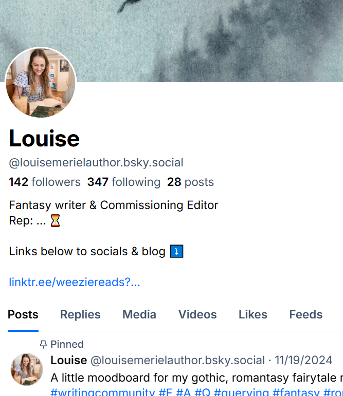A computer screen showing a person’s social media profile page for Louise, a fantasy writer and commissioning editor, including her profile picture, followers, following, posts, and a recent pinned post.