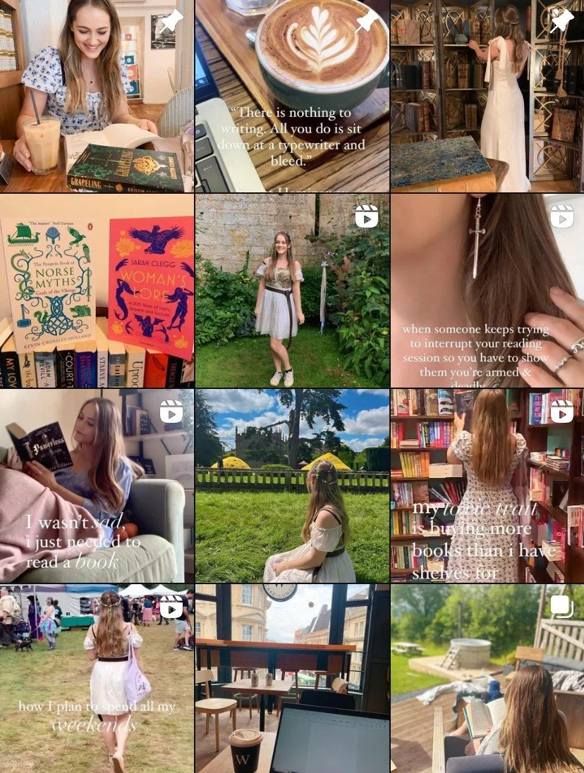 Series of nine images featuring a young woman engaged in various activities such as reading, drinking coffee, exploring a bookstore, standing outdoors in different locations, and sitting in a cafe. Text overlays include quotes about reading and life.
