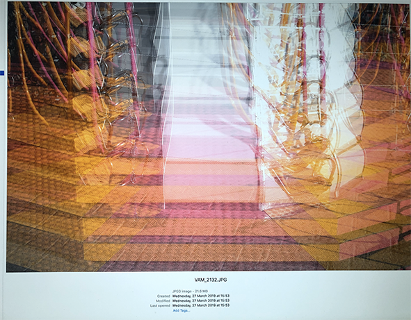 A composite image of a staircase with orange steps and yellow handrails, overlaid with multiple reflections and transparency effects.