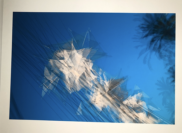 Abstract artwork featuring geometric shapes and sharp lines against a blue background with a palm tree shadow.