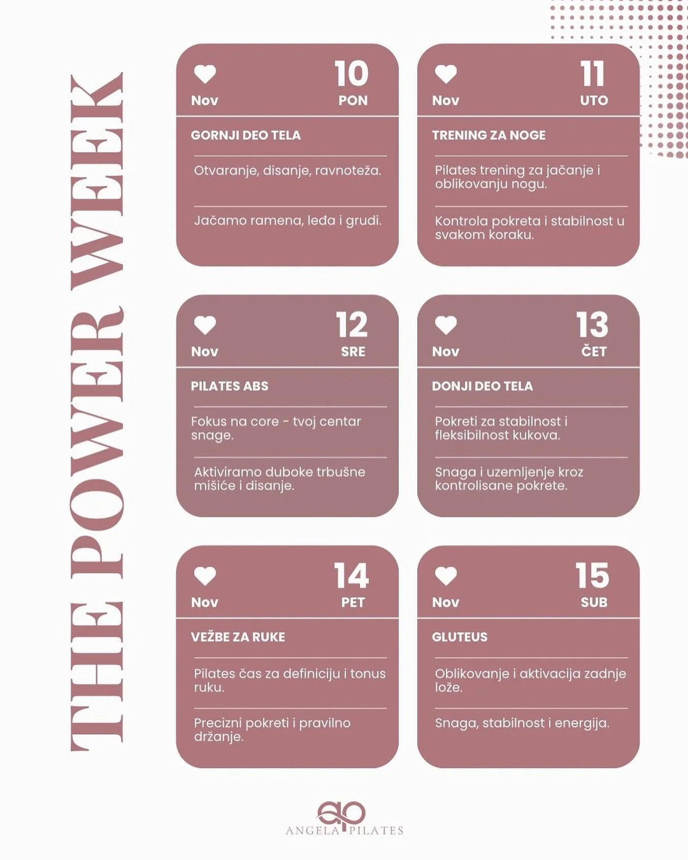 POWER PILATES WEEK 💫
7 dana ~ 7 treninga

Sledeća nedelja će biti posvećena pilates treninzima za jačanje celog tela, ali i uma.
Kroz pilates vežbe, svesno disanje i kontrolisane pokrete, probudiće&scaron; energiju, fokus i lakoću u telu.

Svaki dan