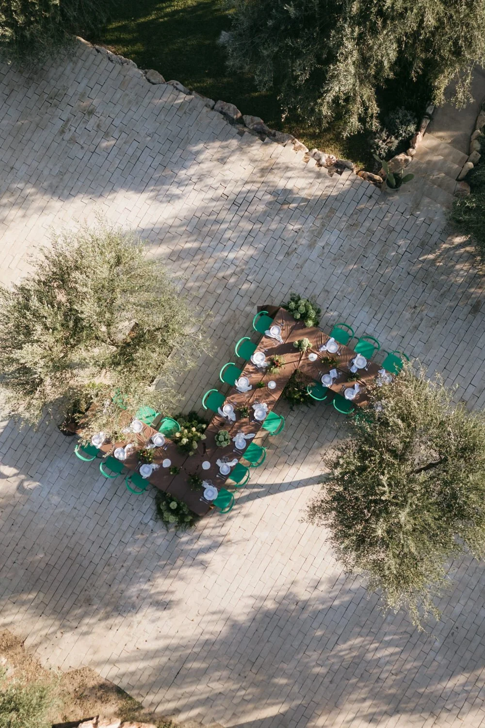 serpentine wedding table set beneath olive trees for an intimate braccialieri wedding in sicily. styled with green chairs, earthy florals, and terracotta linens