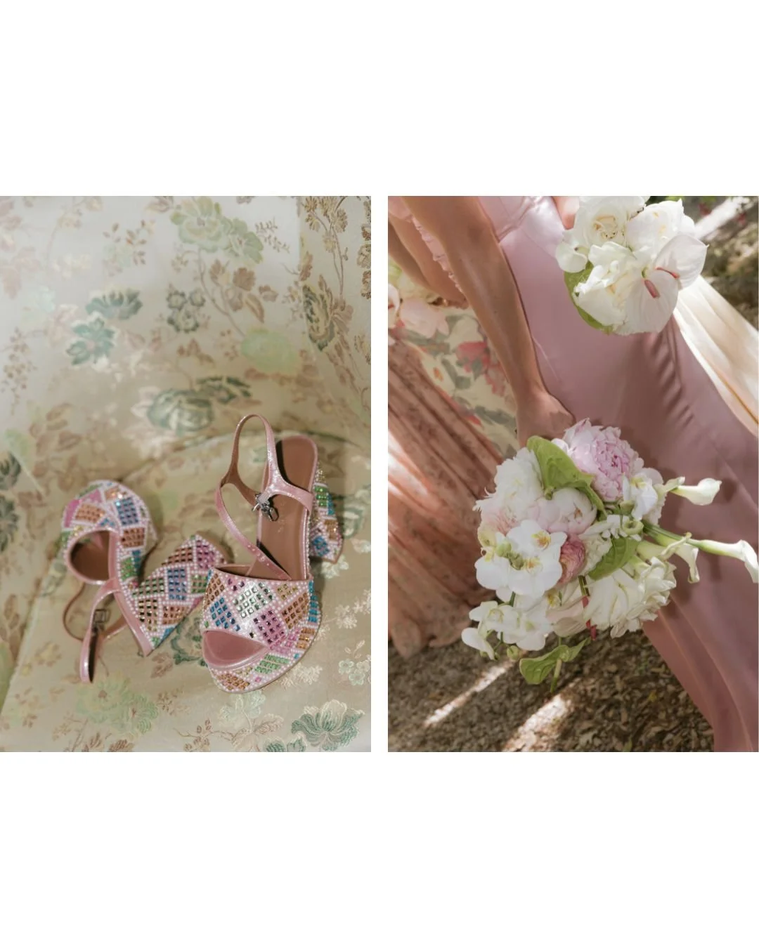 Colorful party heels by Sam Edelman resting on vintage floral upholstery, paired with a bridesmaid holding a soft bouquet of orchids and peonies. coordinated with blush satin dresses at a Villa La Palagina Tuscany wedding. A detail-rich moment that b