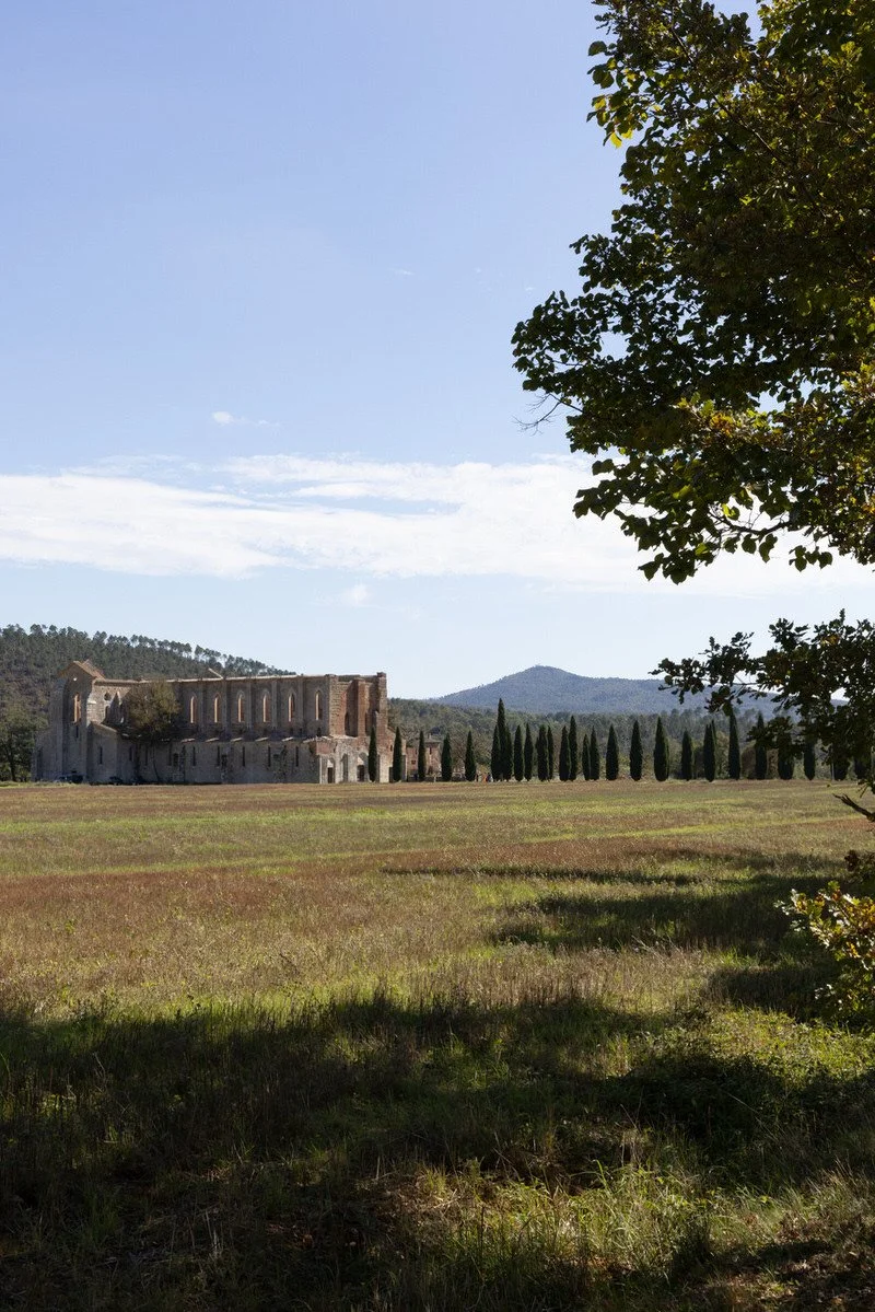 The iconic San Galgano Abbey rises within the Tuscan countryside, surrounded by open fields and cypress lines. A breathtaking destination wedding setting in Italy
