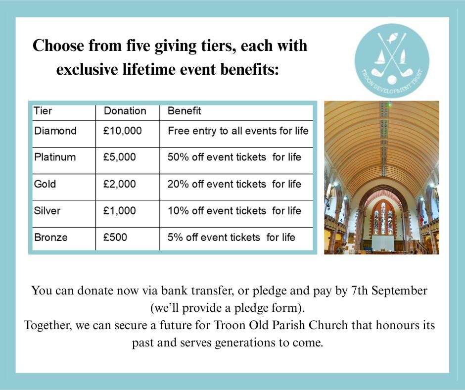 Friends of Troon Old Patron Club
Be part of saving Troon Old Parish Church.
Join the Friends of Troon Old Patron Club and help us bring this iconic building back to life as a vibrant community hub. Your support will be permanently recognised on
