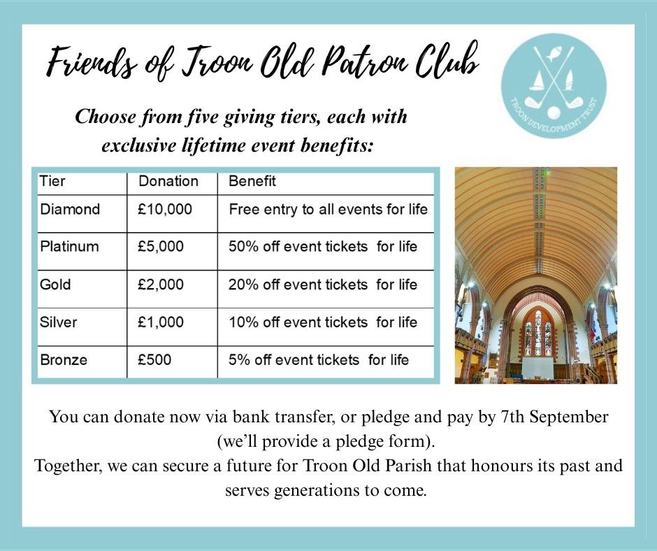 Friends of Troon Old Patron Club
Be part of saving Troon Old Parish Church.
Join the Friends of Troon Old Patron Club and help us bring this iconic building back to life as a vibrant community hub. Your support will be permanently recognised on