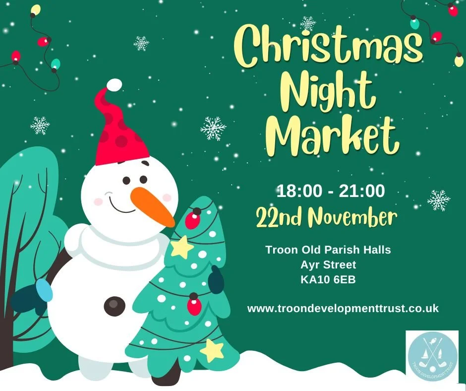 🎄✨ The Troon Christmas Night Market is back! ✨🎄

📅 Saturday 22nd November
🕕 6:00pm &ndash; 9:00 pm
📍 Troon Old Parish Halls, Ayr Street, KA10 6EB

Kick off the festive season with a magical evening of stalls, gifts, crafts, and plenty of Christm