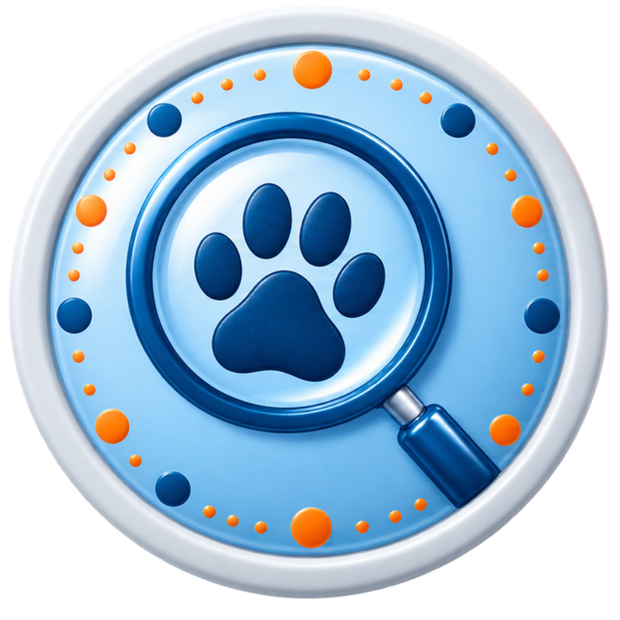 A round badge with a blue paw print in the center, surrounded by a magnifying glass, on a light blue background with orange and dark blue dots around the edge.