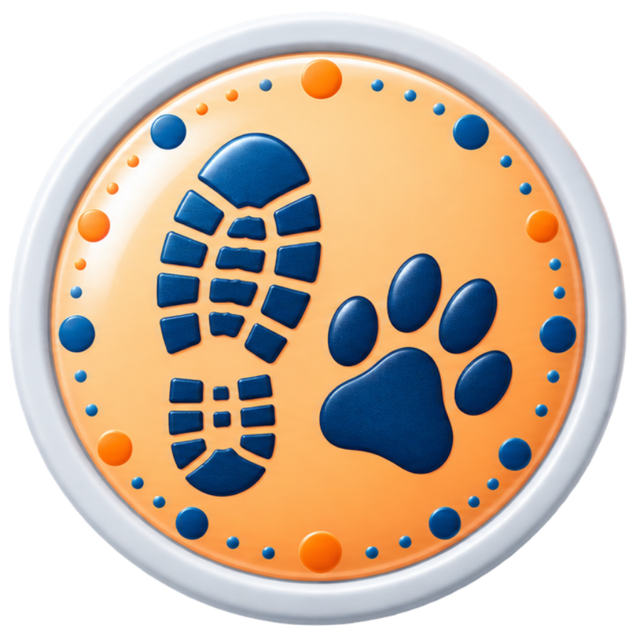 A round badge with a paw print and footprint design, indicating it is a pet or dog-related service.