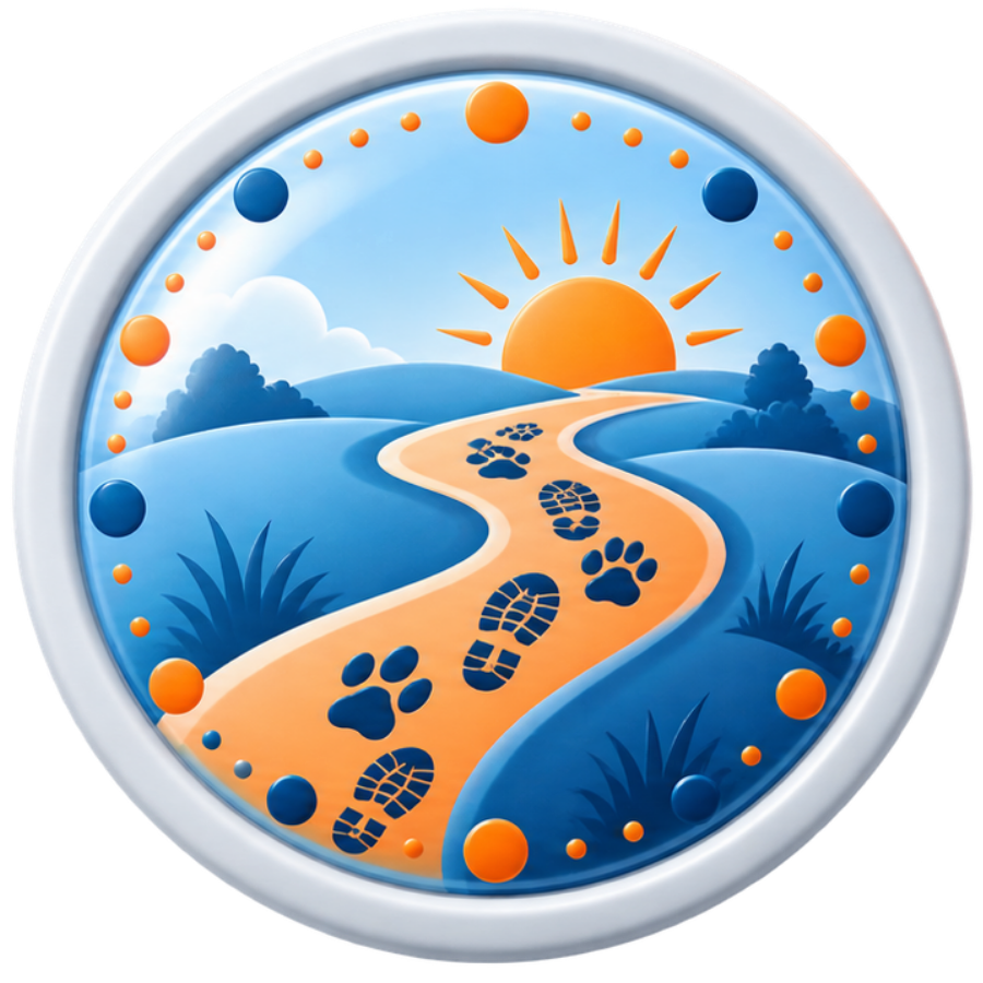 A round badge with a scenic background of a sunrise over a hilly landscape, featuring a winding path with animal paw prints and positioned on a white frame.