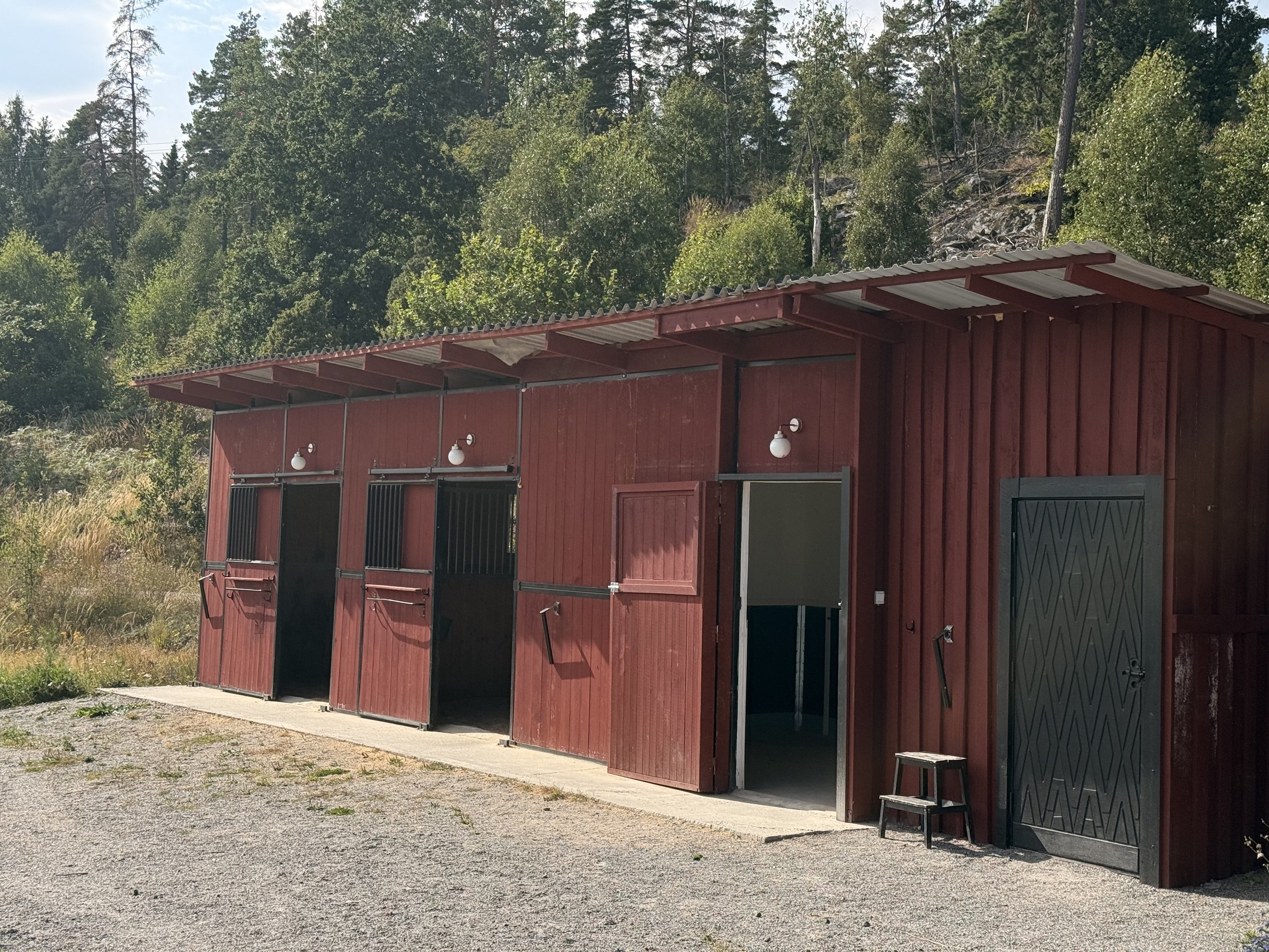 A red barn with metal roofing and three open garage doors, one with a small step ladder outside, set against a background of green trees and a hillside.