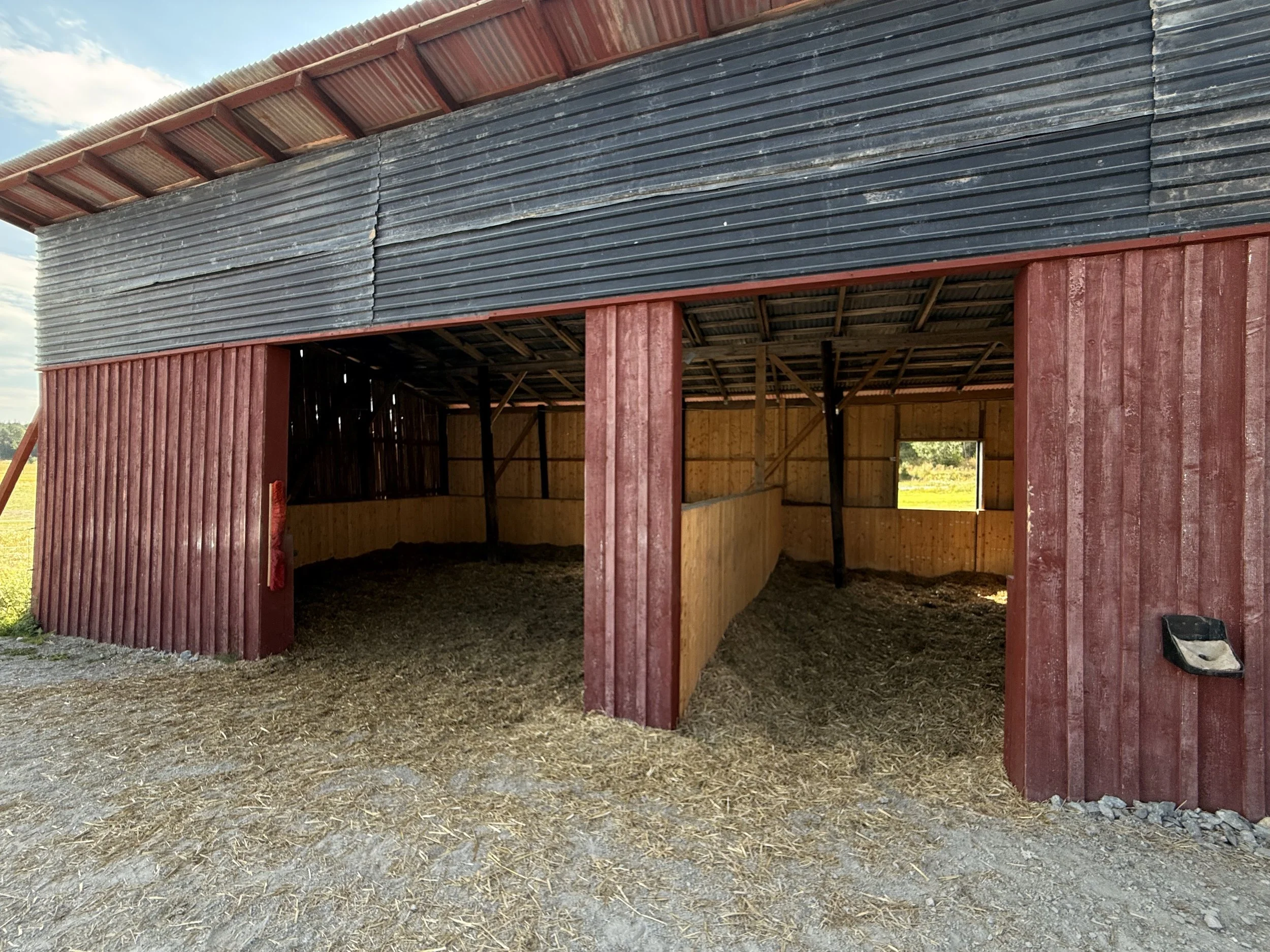 A barn under construction with red wooden sides, black horizontal siding on the upper part, and an open front showing construction inside. The barn has a red roof with a metal underside, and the ground is covered with straw and dirt. A small window i