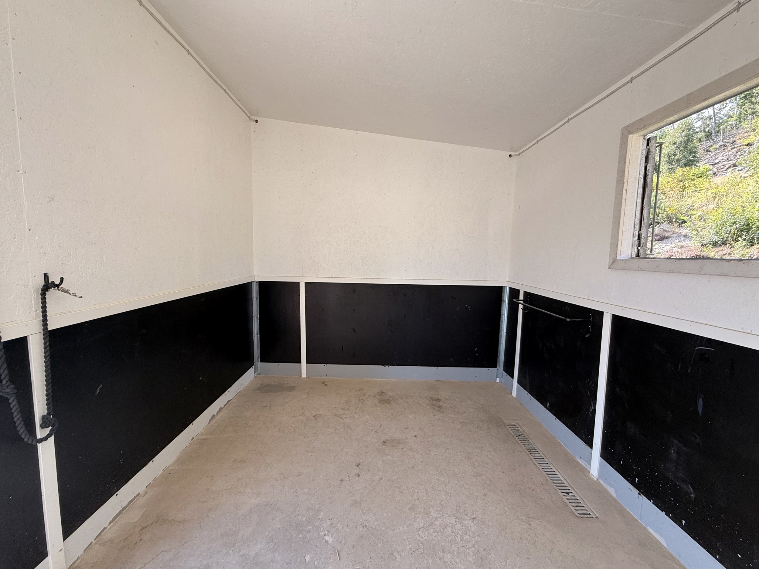 Empty room with white walls, black paneling, and a window showing trees outside.