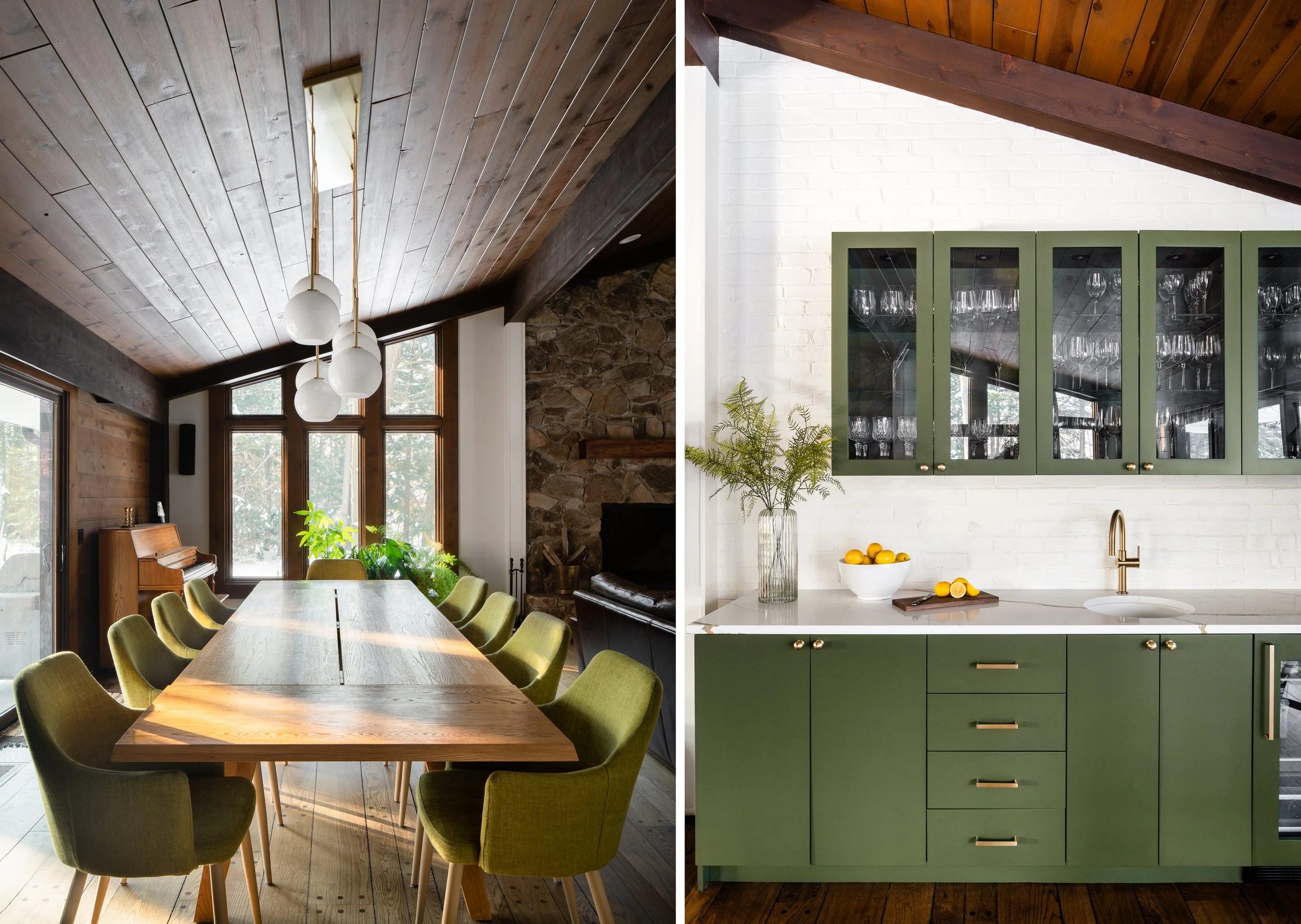 A modern wet bar with green cabinets and a white brick backsplash.