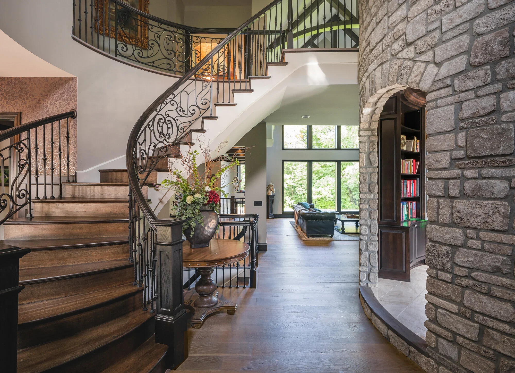 Iron staircase and library inside of a turret
