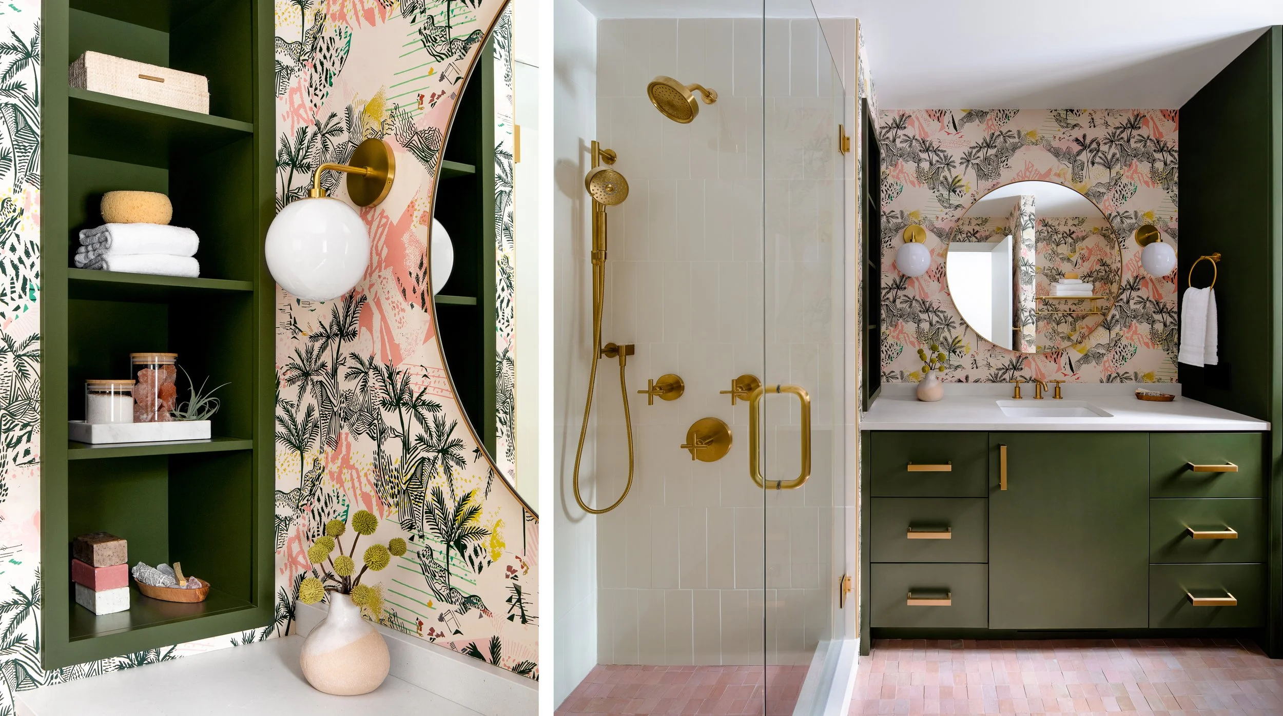 A bathroom with a green vanity, floral wallpaper, and brass fixtures.