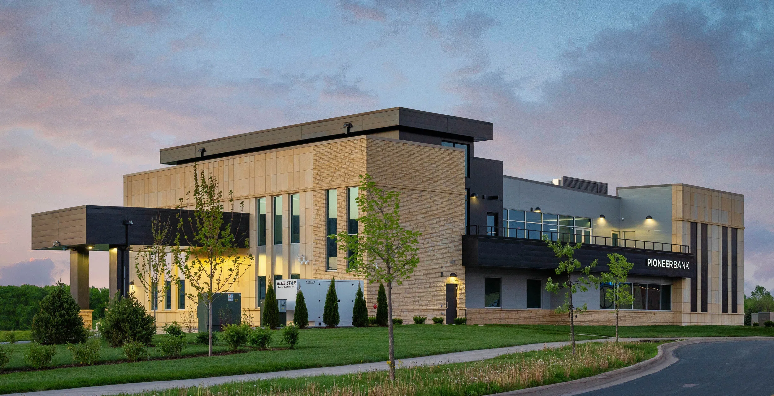 Sunset of Pioneer Bank in Mankato, MN
