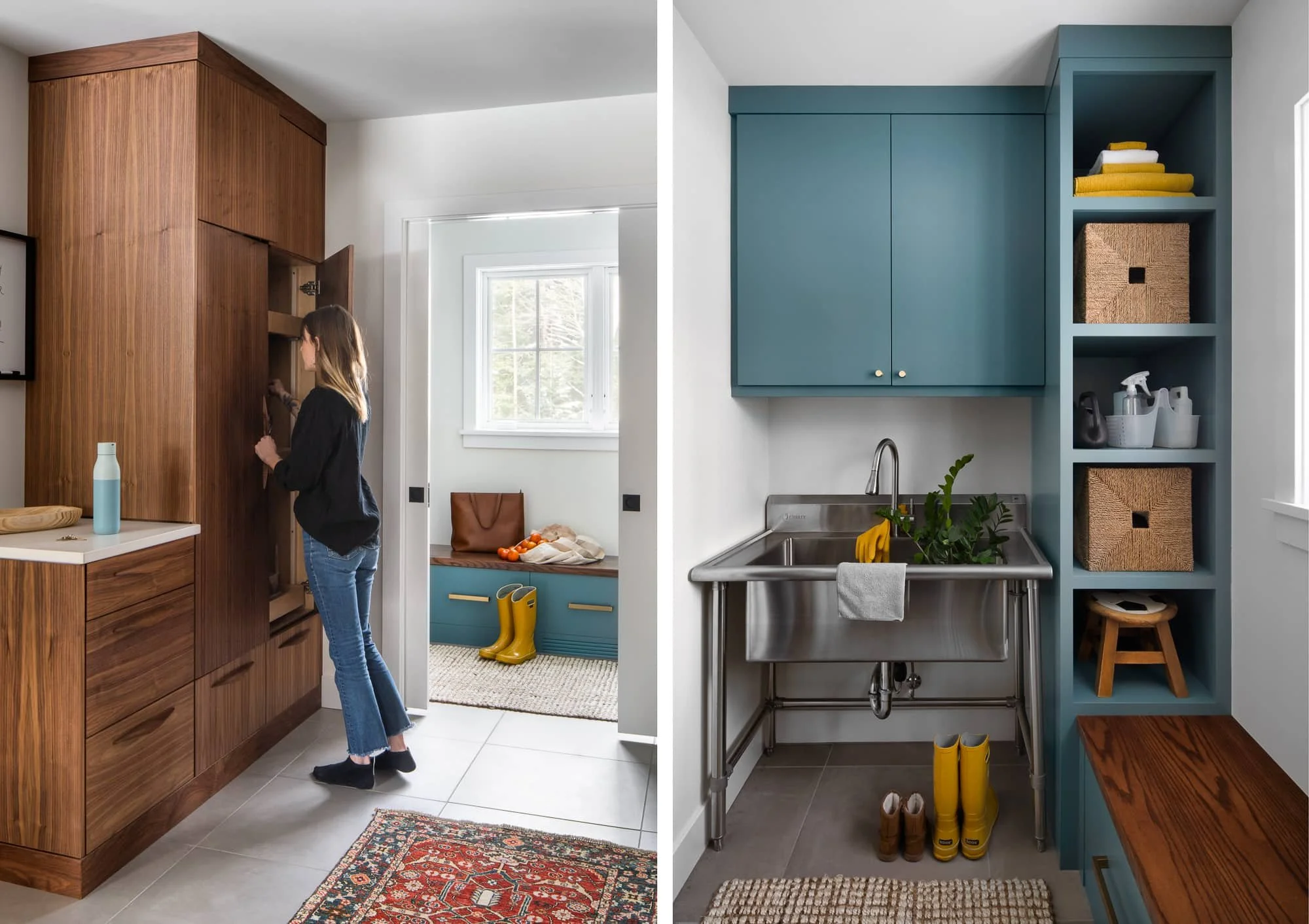 Contemporary mudroom and utility room with wood cabinetry, teal storage, and a stainless steel sink.