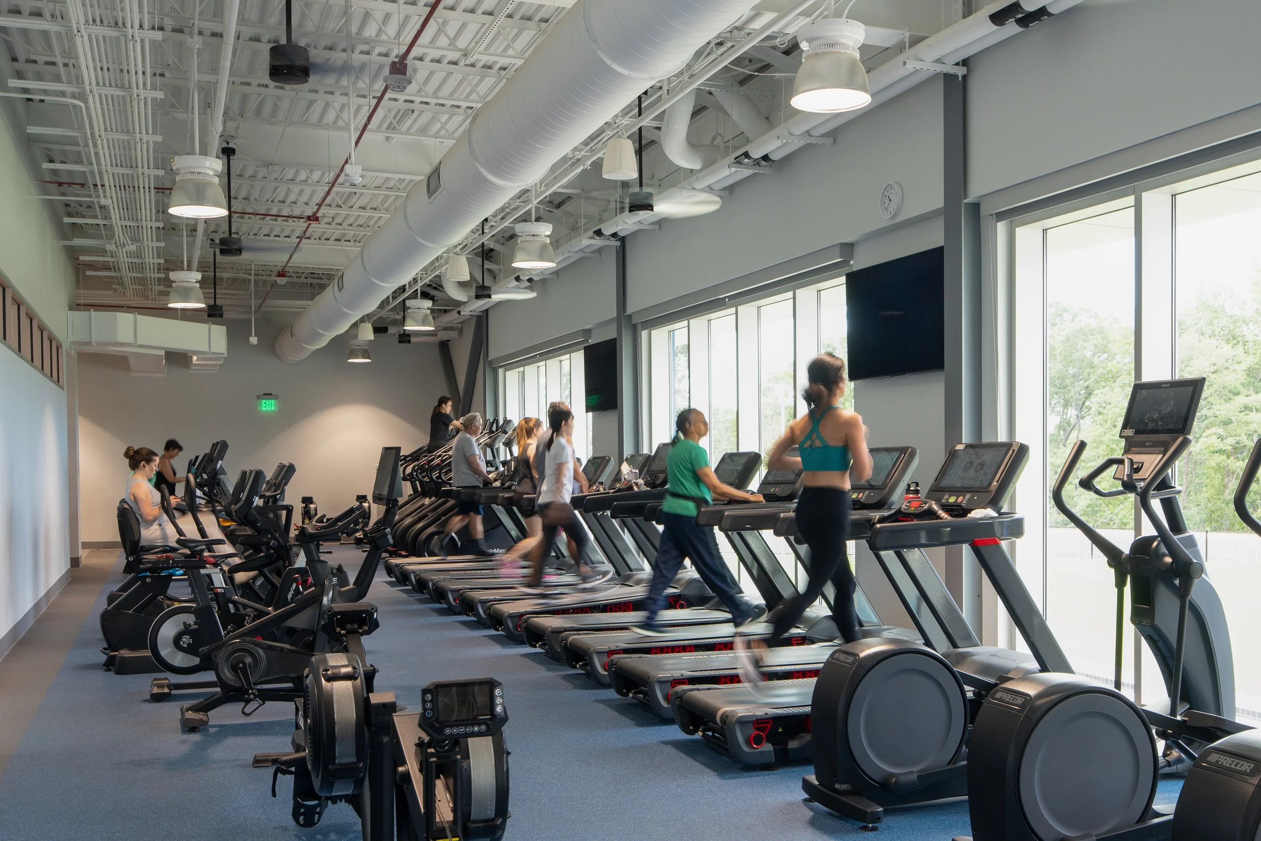 Daylit cardio room with treadmills, bikes, rowers and large windows facing the trees at Chatham Park YMCA.