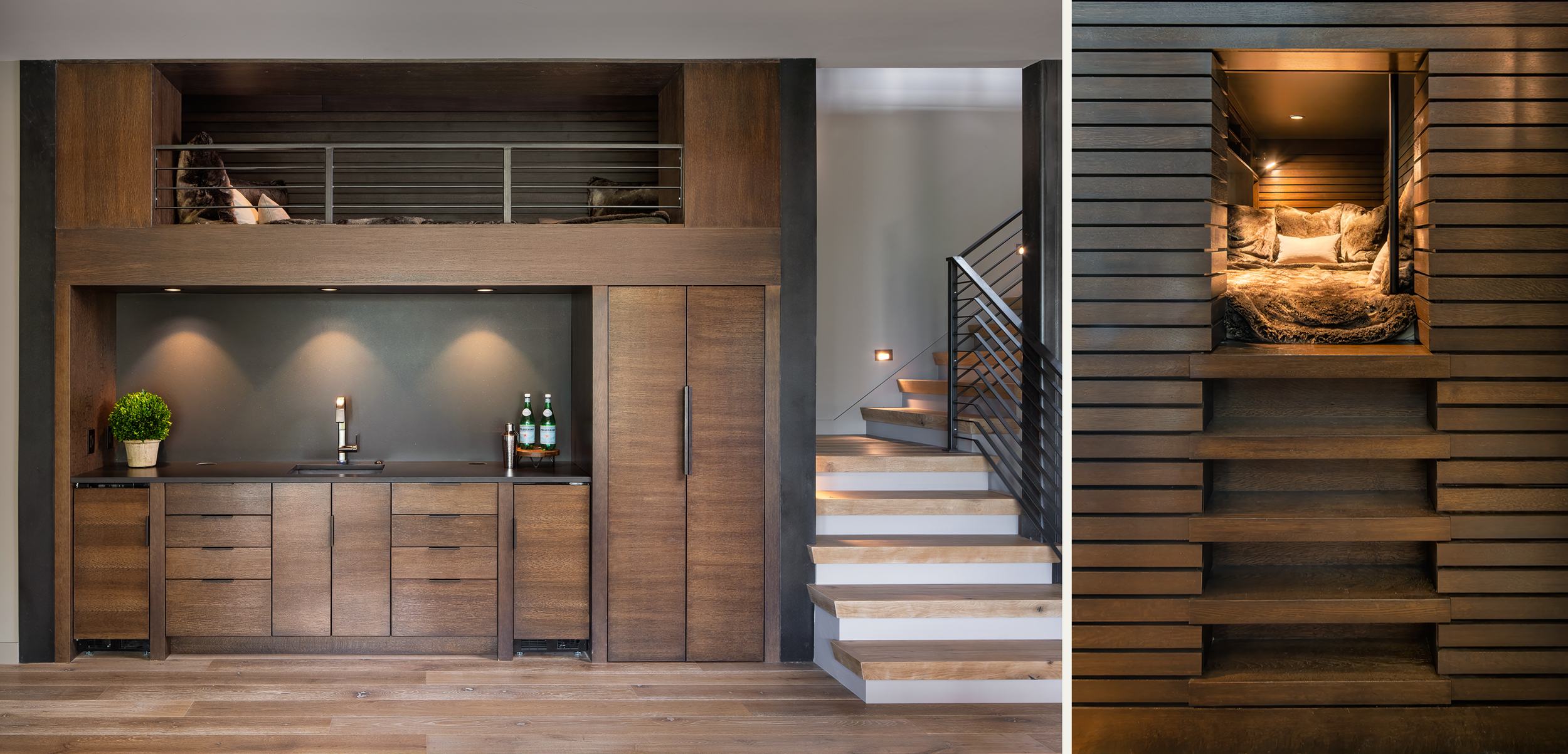 Luxury loft with built-in wet bar, wood paneling, and stylish staircase.
