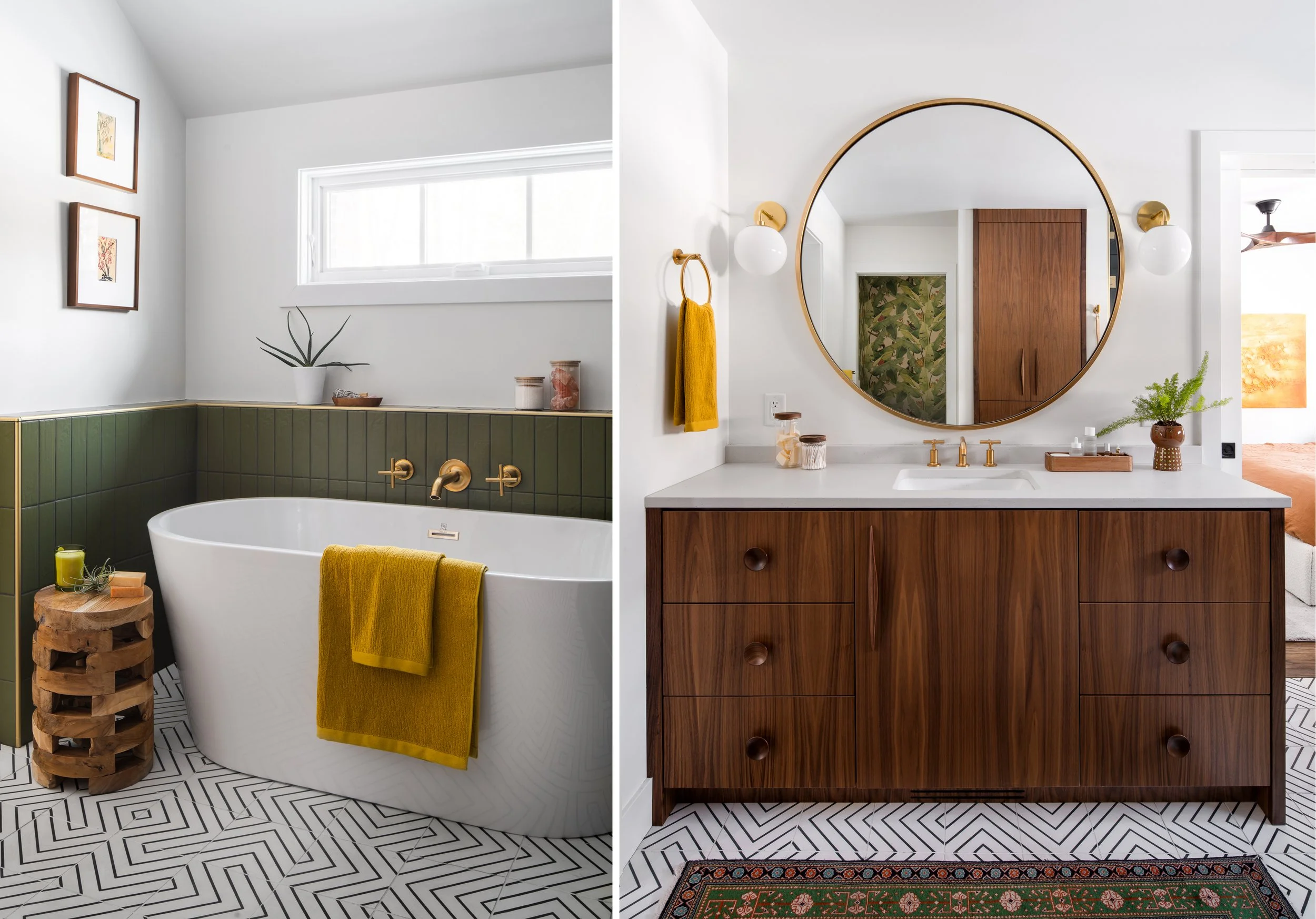 A bathroom with a freestanding bathtub, green tile, brass fixtures, and a walnut vanity.
