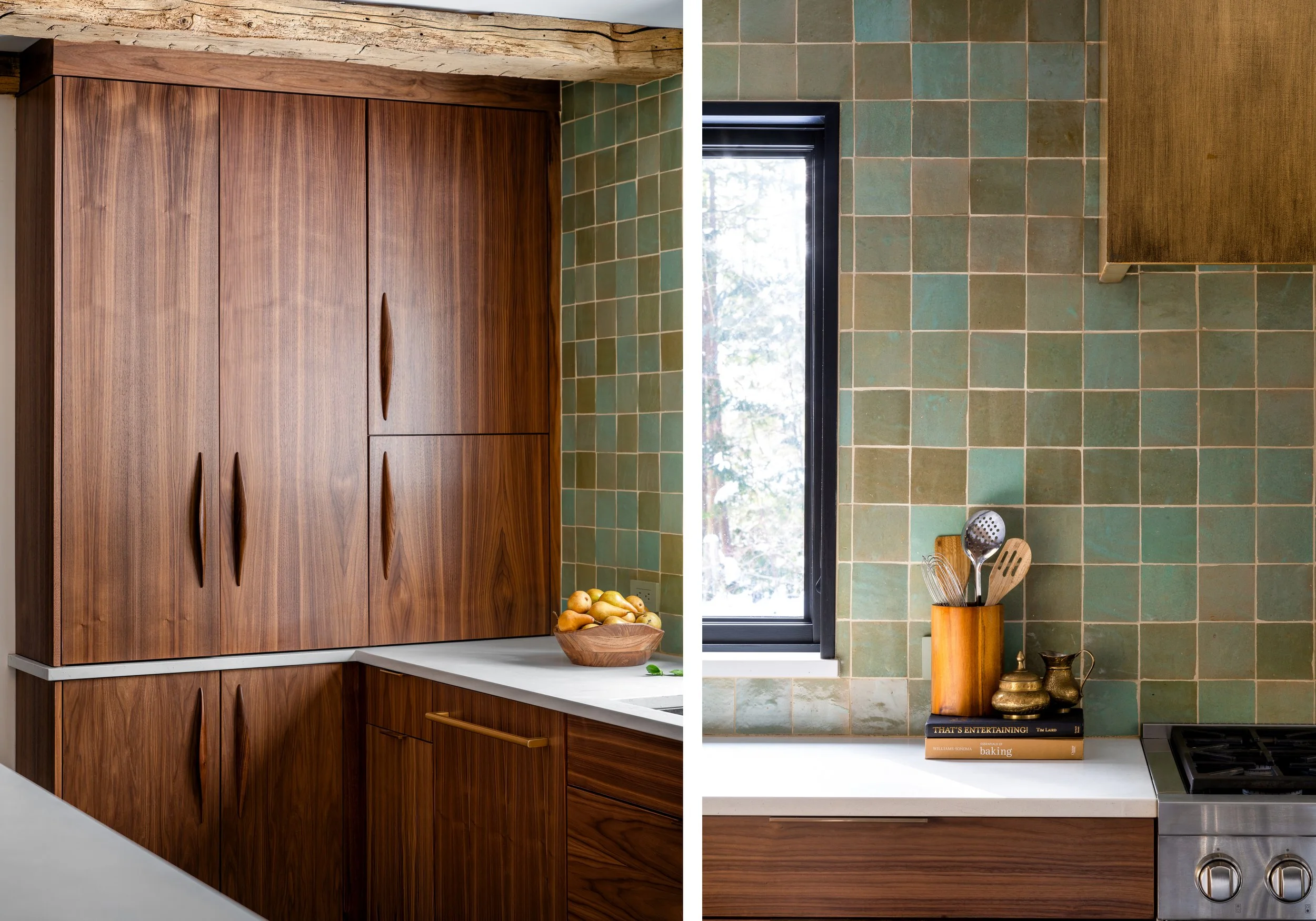 Close up detail of walnut cabinetry and green zellige tile backsplash in a modern kitchen renovation