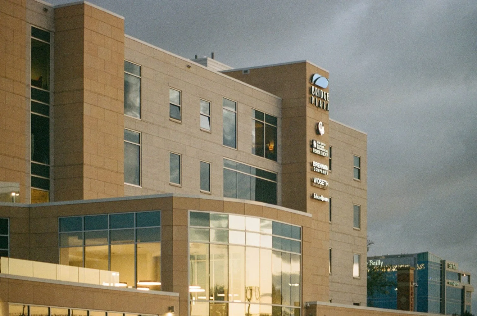 Commercial office building photographed on film with motion blur from handholding at a slow shutter speed