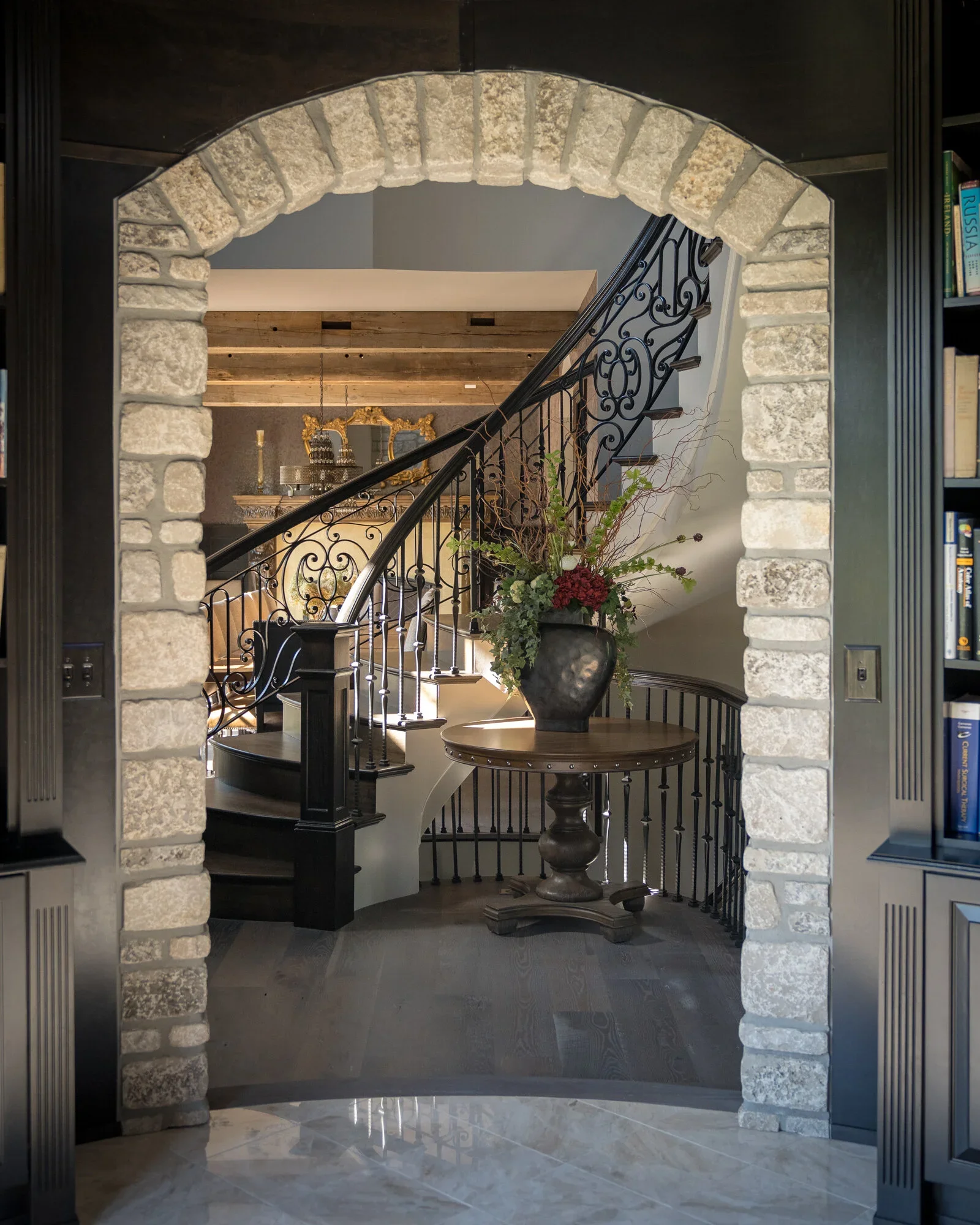 Iron staircase through the stone library turret wall