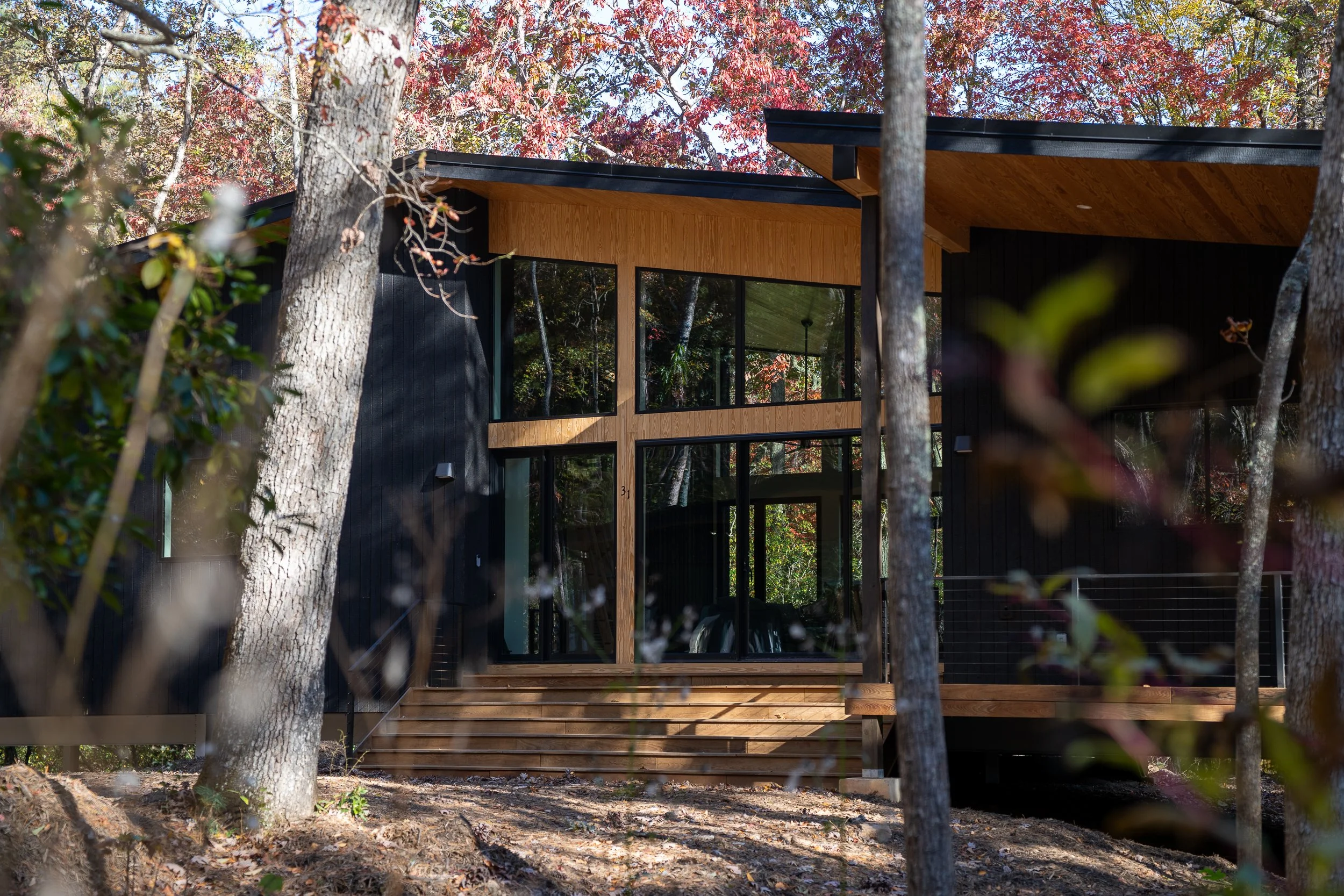 Modern house with black exterior walls and large windows in a wooded area with trees displaying fall colors.