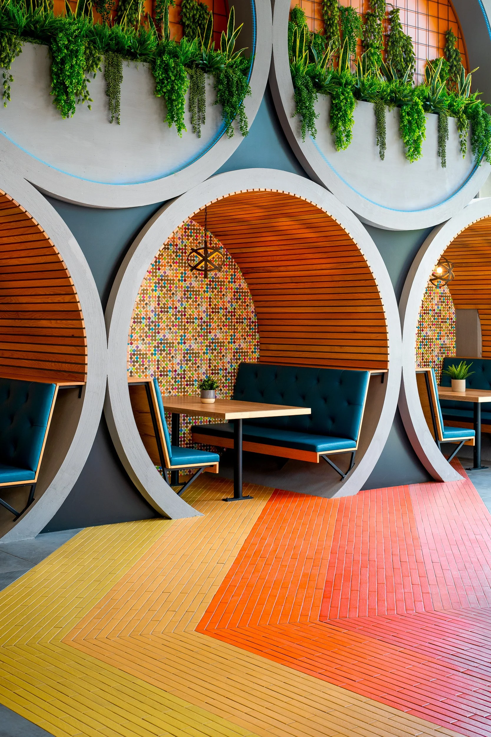 Alternate view of barrel seating with vibrant design features.