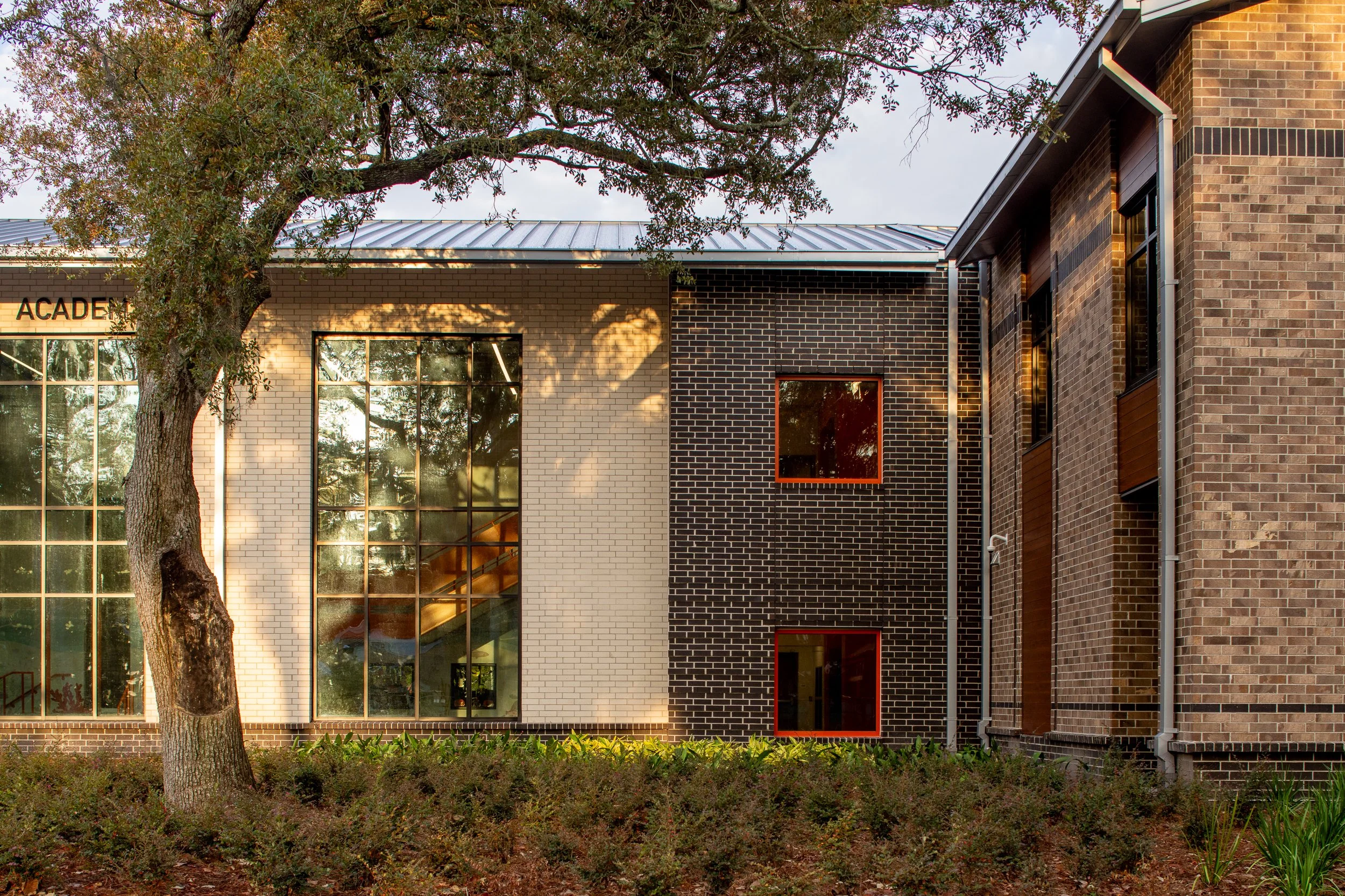 Exterior view of the academy facade with brick walls, tall windows, red accent frames, and a mature tree casting shadows across the building.
