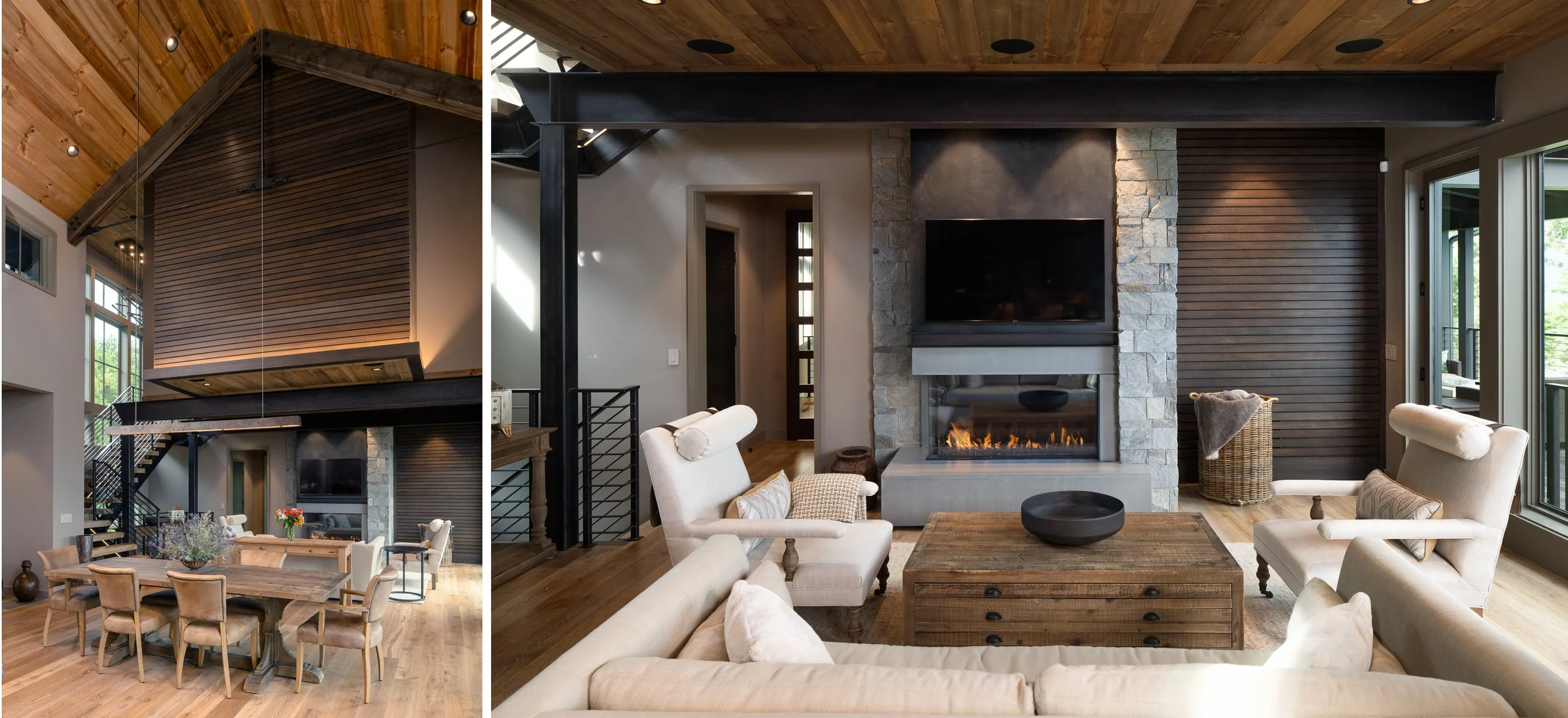 Spacious living room with vaulted wood ceiling, modern fireplace, and seating.