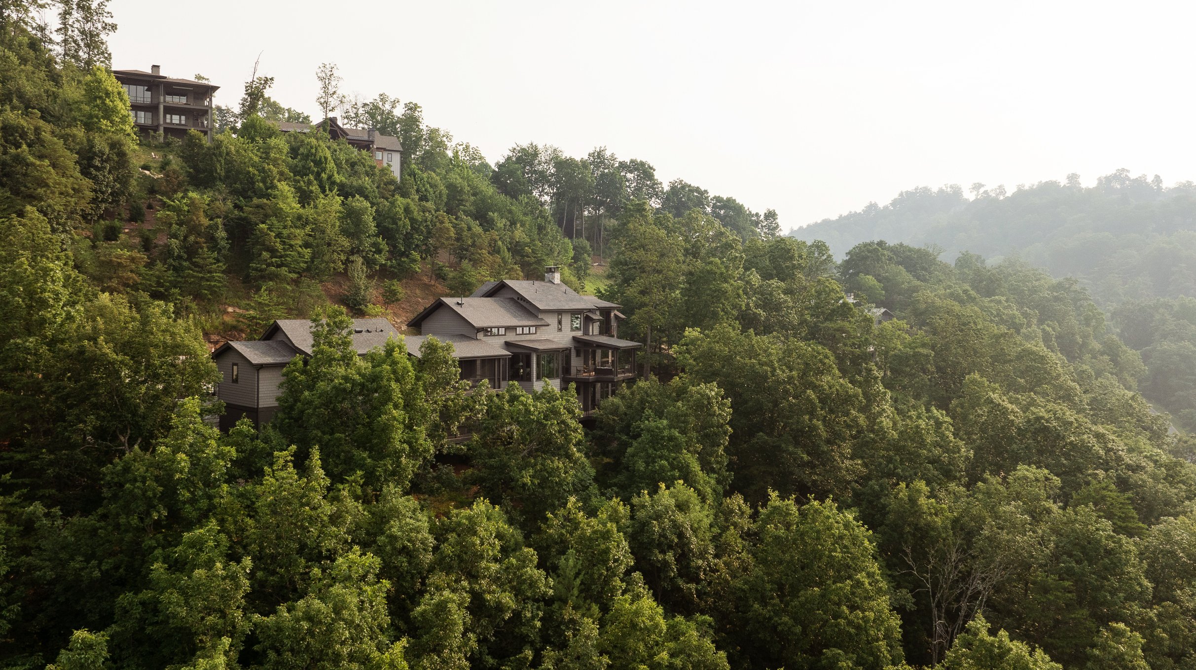 Multiple houses built on a lush, green hillside covered with dense trees under a hazy sky.