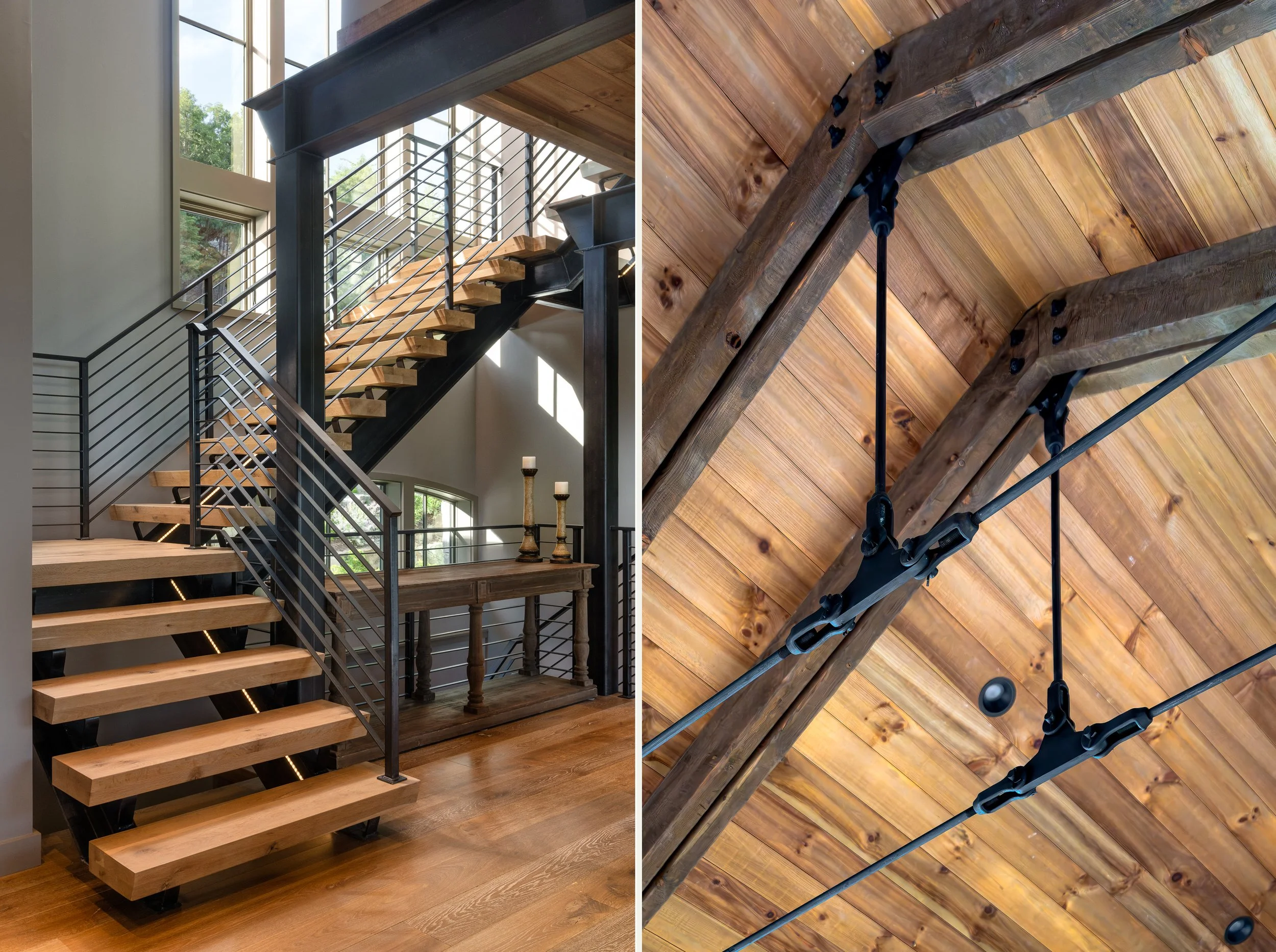 Contemporary staircase with wood treads, metal railings, and open risers.