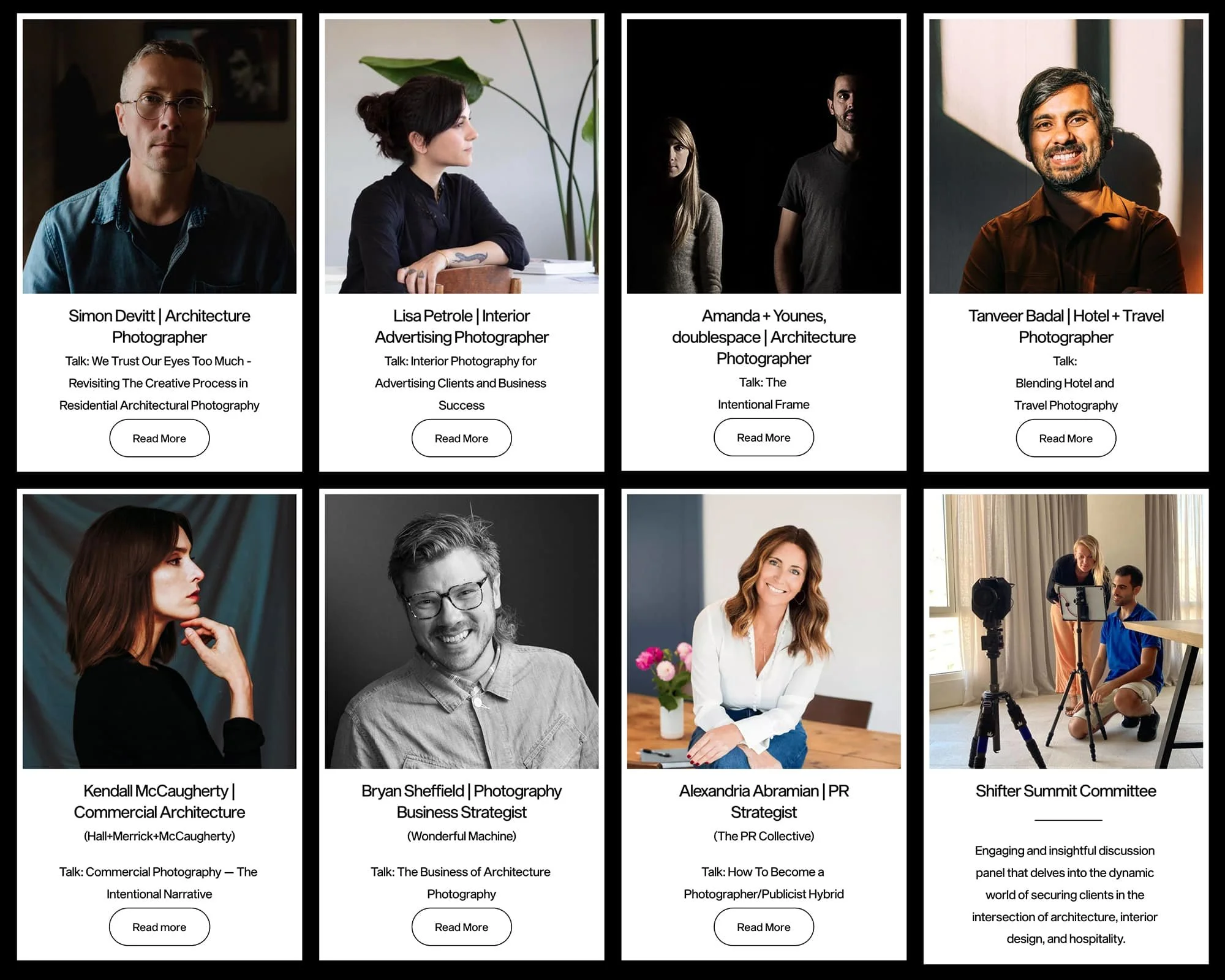 Speaker lineup graphic for Shifter Summit 2024, the first architectural and interior photography conference in Nashville