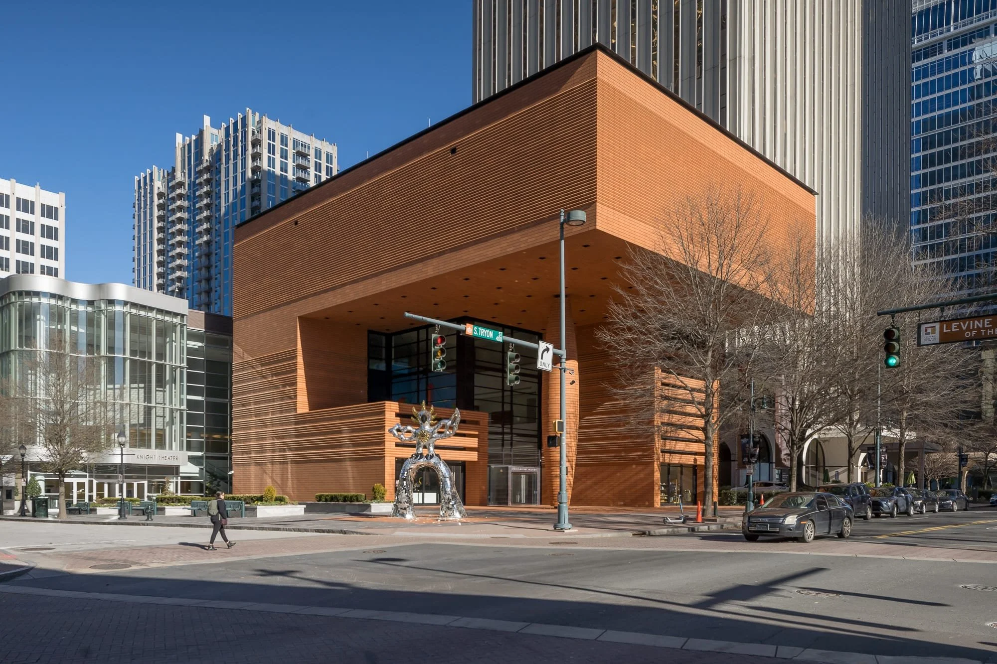 Bechtler Museum of Modern Art seen from across the street with its terra cotta exterior and city buildings nearby.