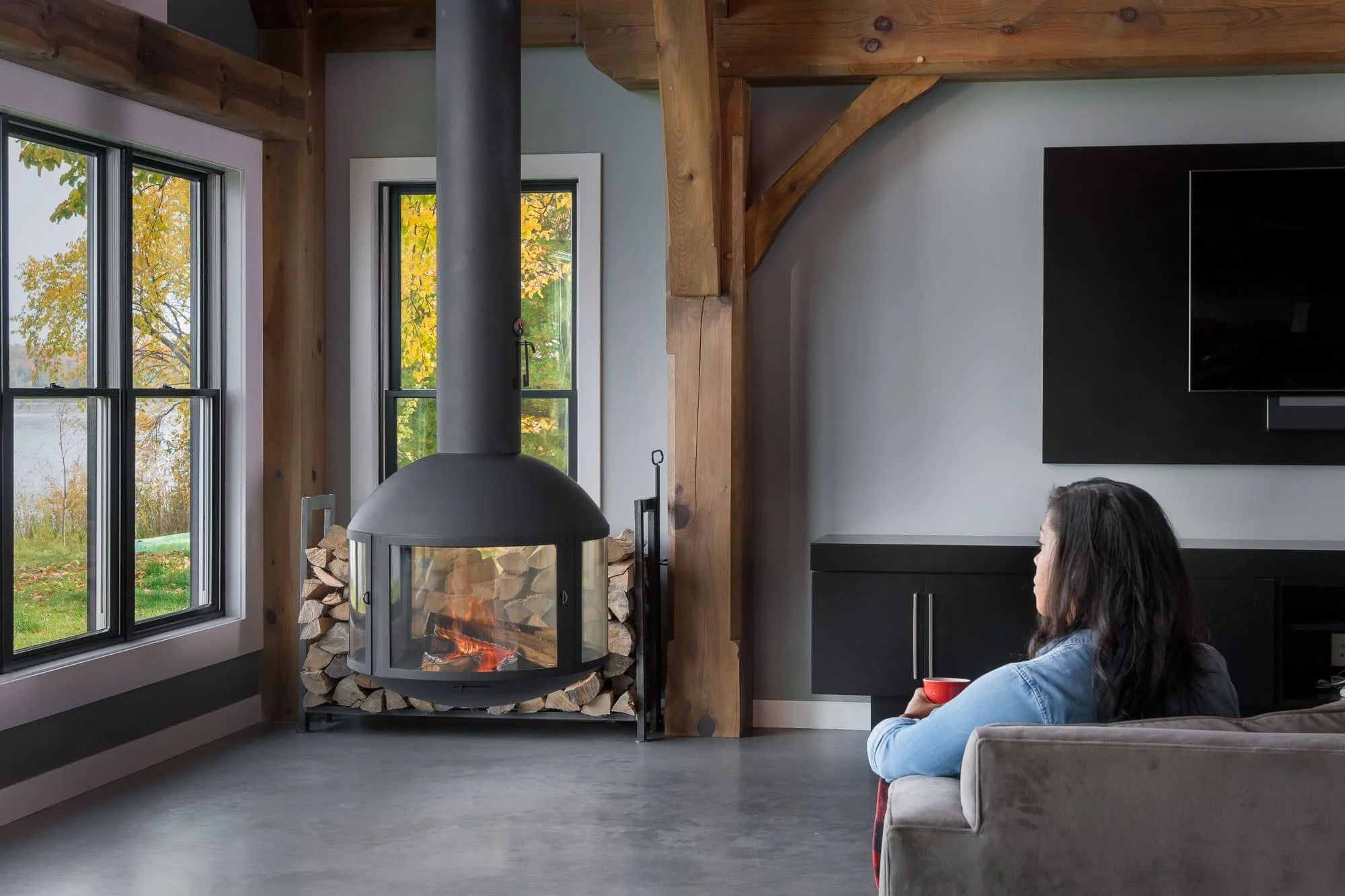 Interiors Photography - Rustic Lake Cabin With Modern Fireplace