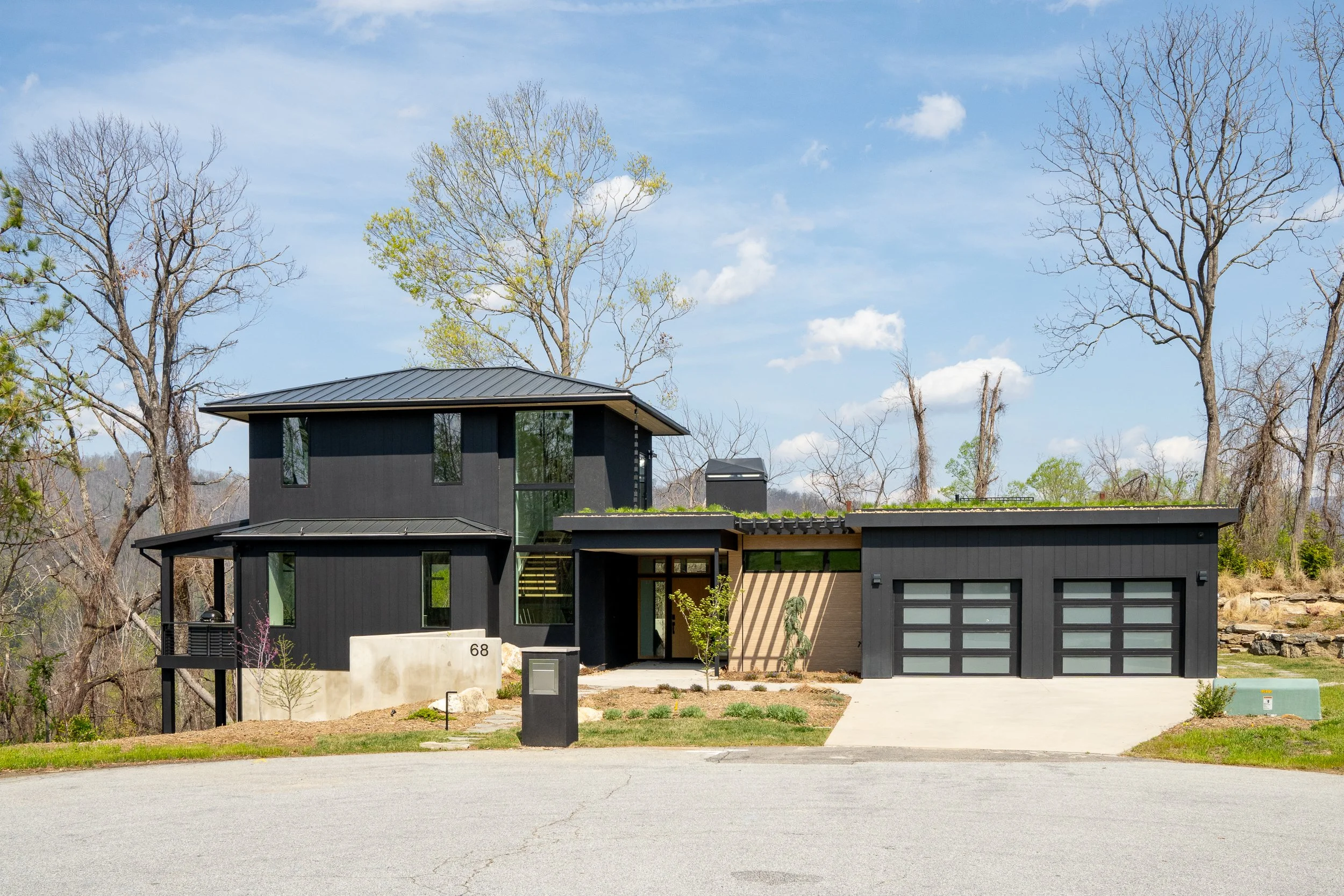 Street view of a black modern mountain home with garage, planted roof areas, and young landscaping.